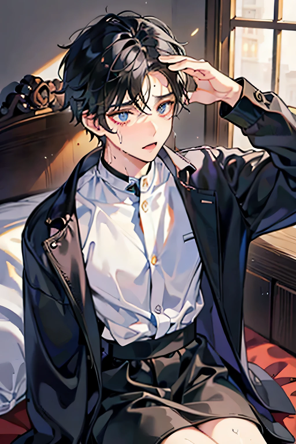 The black-haired boy with black pupils was awakened and sat on the bed,Wiping cold sweat from forehead with left hand,Clothes wet with sweat