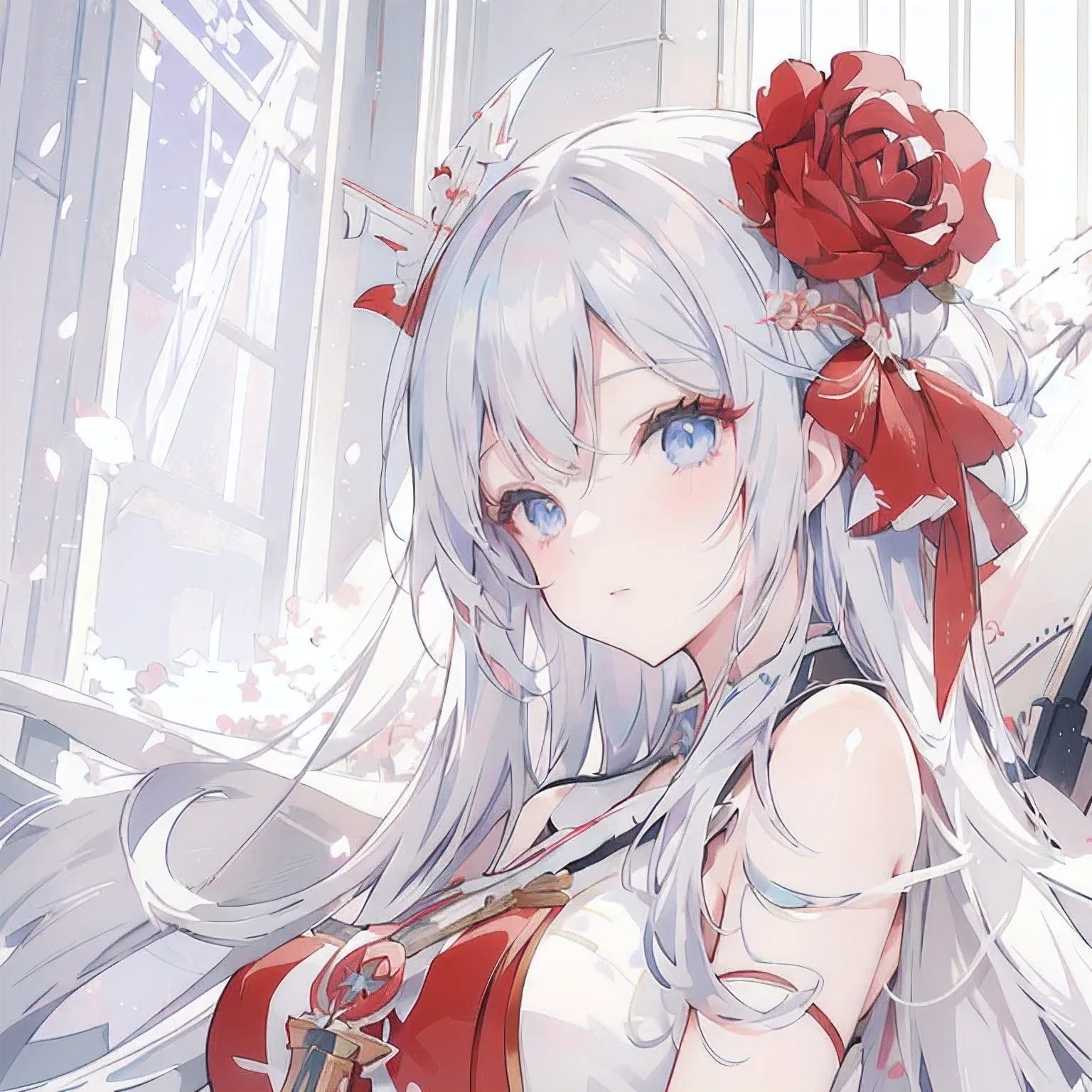 anime girl with long gray hair and blue eyes holding a rose, white haired deity, cushart krenz key art feminine, characters from azur lane, from the azur lane videogame, anime goddess, edelgard fire emblem, azur lane style, onmyoji portrait, ayaka genshin impact, detailed key anime art, cute anime waifu in a nice dress