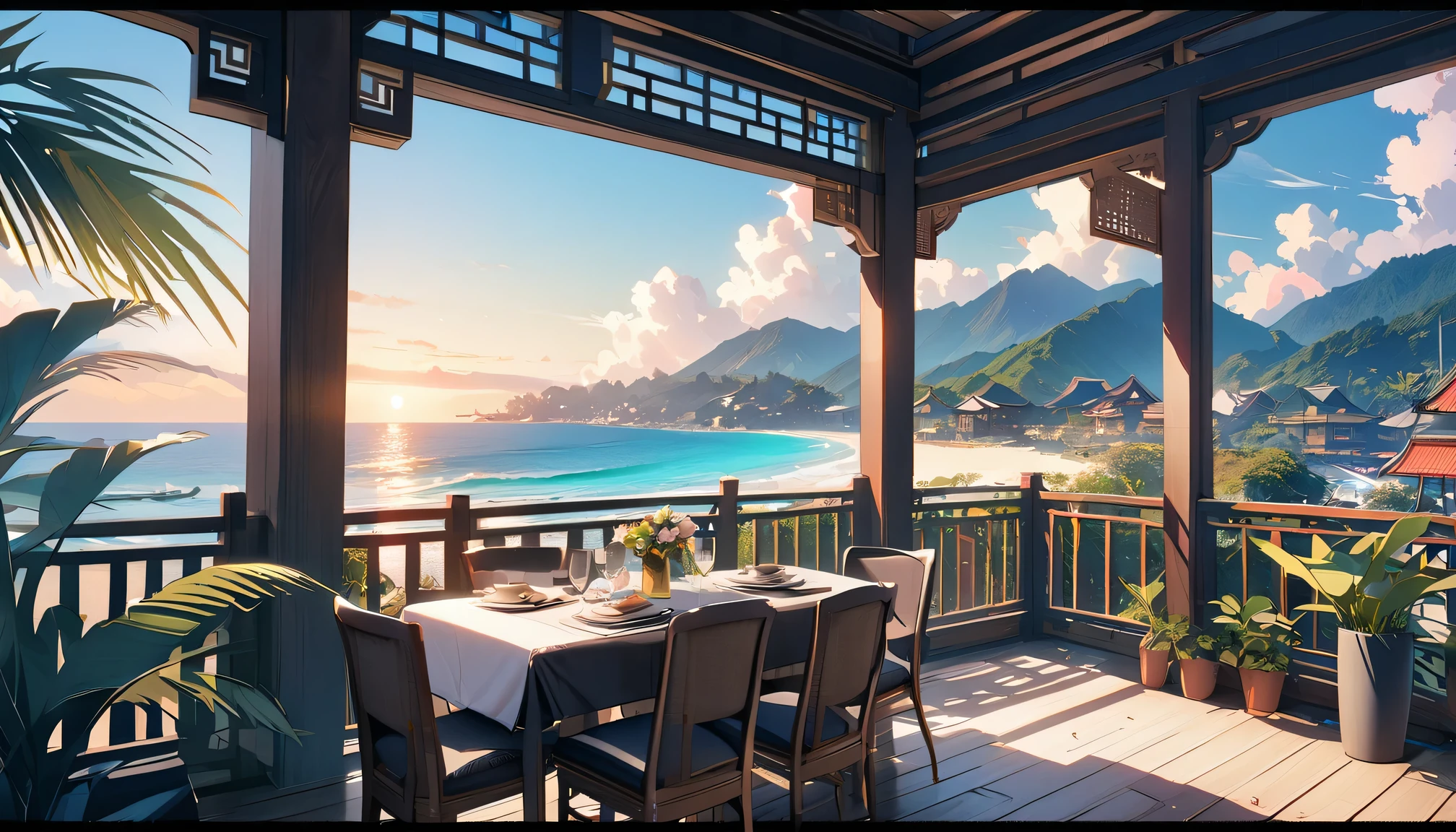 Best quality,4k,masterpiece,Traditional Chinese wooden buildings near the beach,ornate carvings,Exquisite lattice windows,Peaceful atmosphere,Tranquil sea breeze,Sunlight,plant,Vibrant colors,Natural and architectural,A fusion of traditional and modern elements,Beautiful coastal landscape,Golden sand,Peaceful beach,natural beauty,Timeless elegance,Unique charm