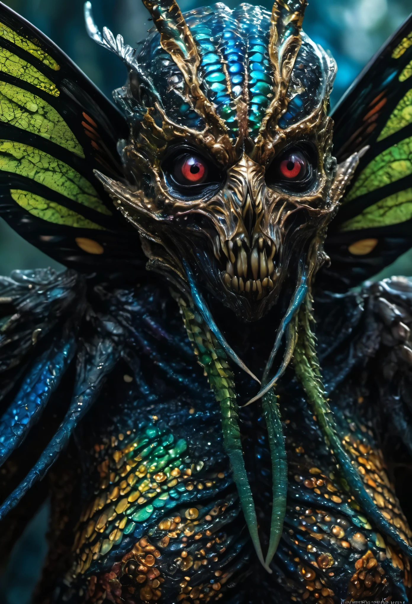 (Best Picture Quality,4k,8k,Hi-Res,Masterpiece:1.2),Ultra-Detailed,(Realistic,Photorealistic,Photorealistic:1.37),butterfly-like terrifying monster, sharp focus, horrifying detailed mouth, long tentacles, menacing presence. monster with colorful, shimmering wings, butterfly-inspired pattern on the skin, iridescent scales, ominous shadows, nightmarish creature, full body, dark fantasy, ominous color palette, dramatic lighting, Both eyes are insect compound eyes. beautiful nipples, (NSFW:1.2)