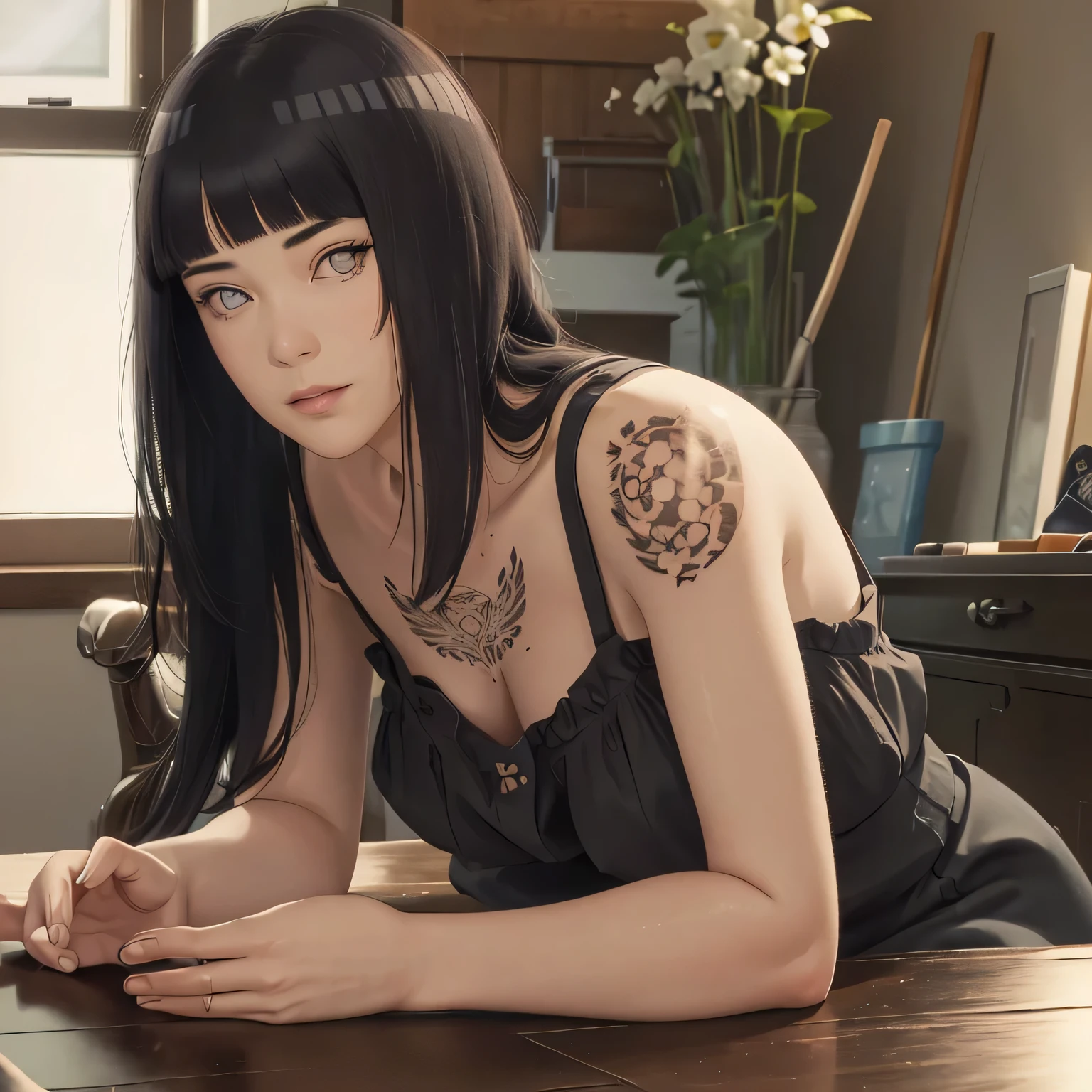 (masterpiece, top quality, best quality, official art, beautiful and aesthetic: 1.2), (1woman), extremely photorealistic, realism, realistic rendering, black haired woman, wearing a sundress, (solo), tattoo visible on arms, (human with tattoo), detailed skin textures, high resolution, 8K image, fine shading, realistic fabric wrinkles, lifelike portrait, captivating, vivid colors, elegant composition, intricate details, masterfully crafted, captivatingly beautiful, exquisite artistry.