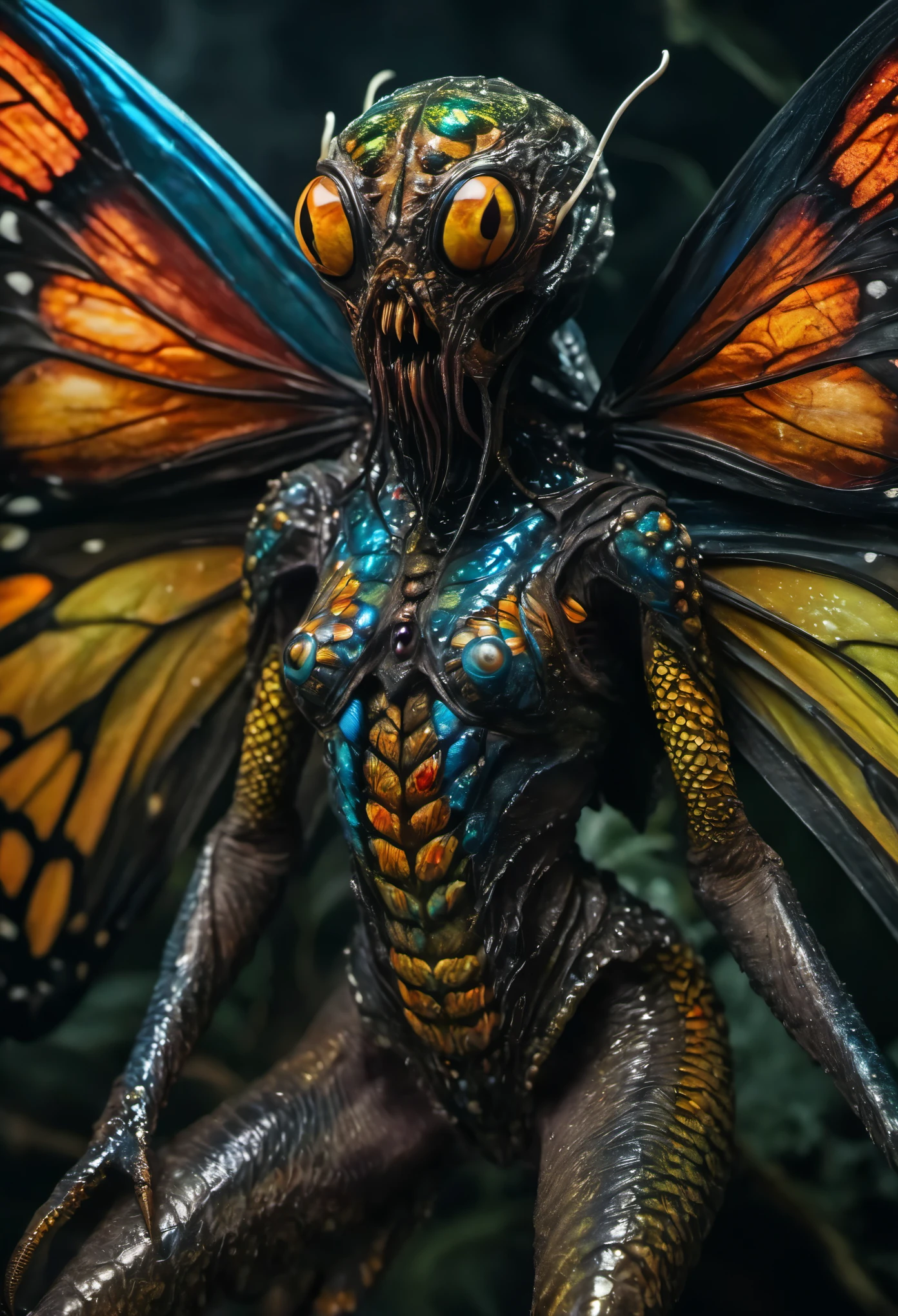 (Best Picture Quality,4k,8k,Hi-Res,Masterpiece:1.2),Ultra-Detailed,(Realistic,Photorealistic,Photorealistic:1.37),butterfly-like terrifying monster, sharp focus, horrifying detailed mouth, long tentacles, menacing presence. monster with colorful, shimmering wings, butterfly-inspired pattern on the skin, iridescent scales, ominous shadows, nightmarish creature, full body, dark fantasy, ominous color palette, dramatic lighting, Both eyes are insect compound eyes. beautiful nipples, (NSFW:1.2)