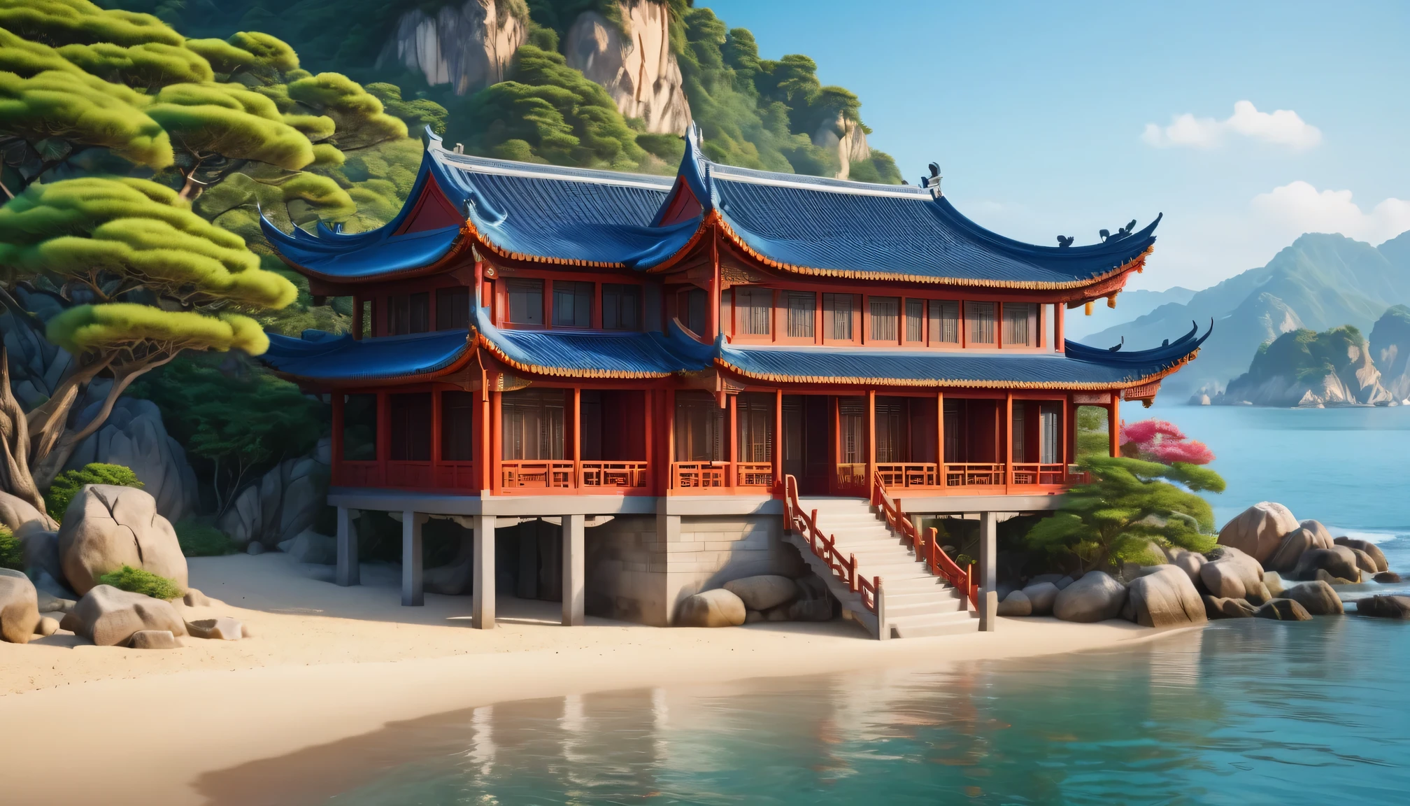 Best quality,4k,8k,masterpiece:1.2,Ultra Detailed,lifelike:1.37,Traditional Chinese wooden buildings near the beach,ornate carvings,Exquisite lattice windows,Peaceful atmosphere,Tranquil sea breeze,Sunlight,Trees,Vibrant colors,Natural and architectural,A fusion of traditional and modern elements,Beautiful coastal landscape,Peaceful beach,natural beauty,Feeling,Timeless elegance,Unique charm
