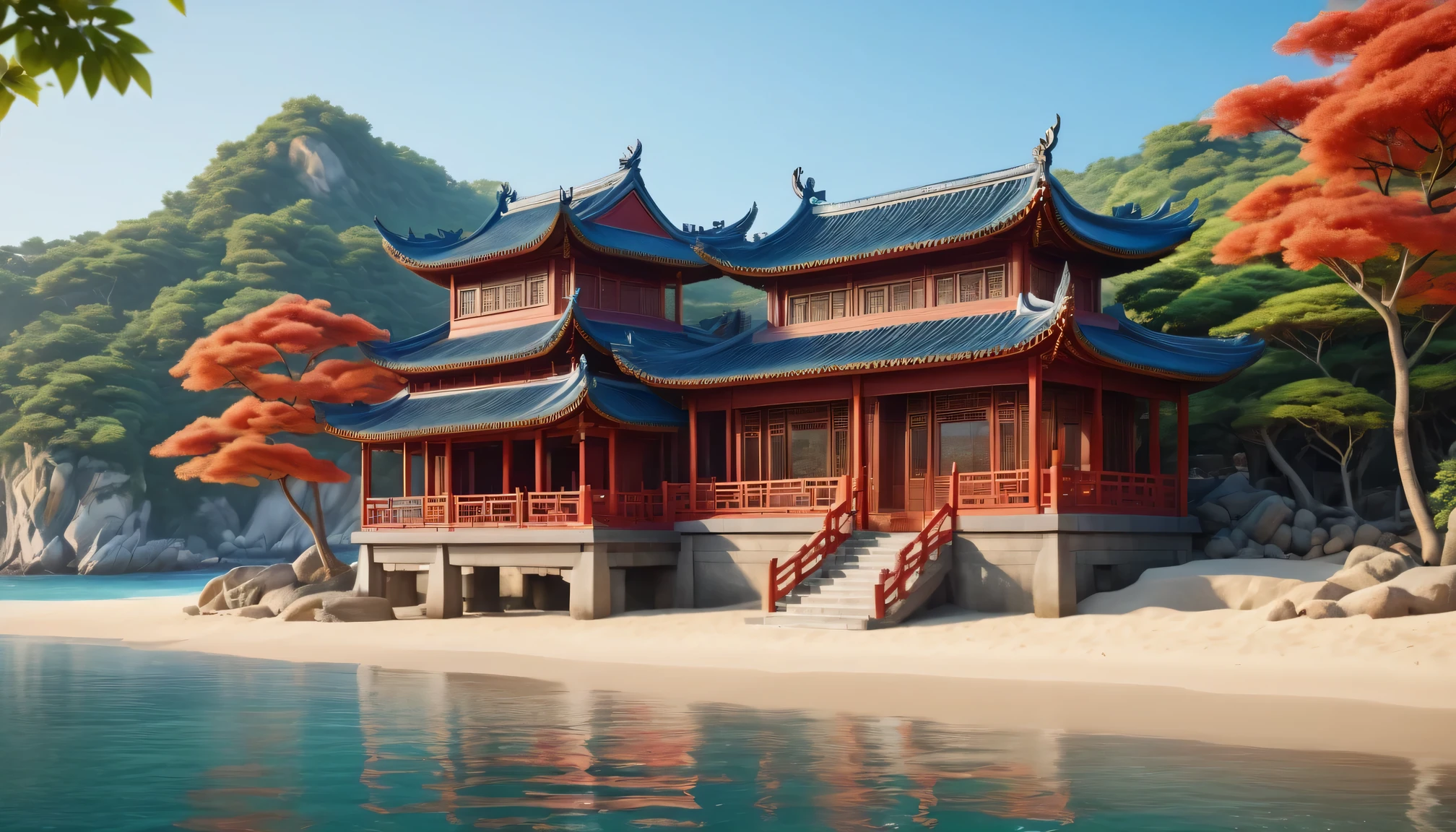 Best quality,4k,8k,masterpiece:1.2,Ultra Detailed,lifelike:1.37,Traditional Chinese wooden buildings near the beach,ornate carvings,Exquisite lattice windows,Peaceful atmosphere,Tranquil sea breeze,Sunlight,Trees,Vibrant colors,Natural and architectural,A fusion of traditional and modern elements,Beautiful coastal landscape,Peaceful beach,natural beauty,Feeling,Timeless elegance,Unique charm