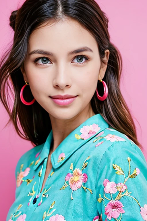 The image depicts a brazilian woman directly facing the camera with a gentle, contented expression. She has dark hair styled up in a messy bun, with loose strands framing her face. Her striking features include clear, light-toned skin and vivid blue eyes that stand out against the simplicity of the solid pink background. She wears large, round earrings and a vibrant pink shirt or dress with bold yellow floral embroidery, suggesting a sense of fashion that is both colorful and playful. The woman's slightly tilted head and subtle smile give the impression of approachable confidence and ease.  brightness and warmth due to the color scheme and the subject's inviting demeanor.