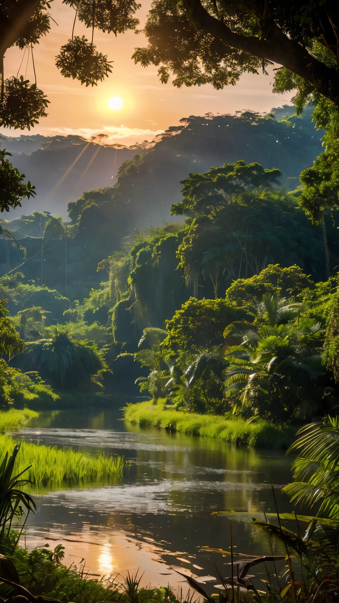 Depicting a mysterious river in the Amazon forest、Ultra-realistic and highly detailed beautiful masterpiece, With the setting sun, 