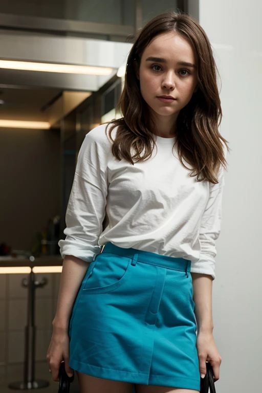 Super realistic and realistic solo portrait depicts a teenage girl with short curly hair and wearing a tight short shirt and a super short tight skirt