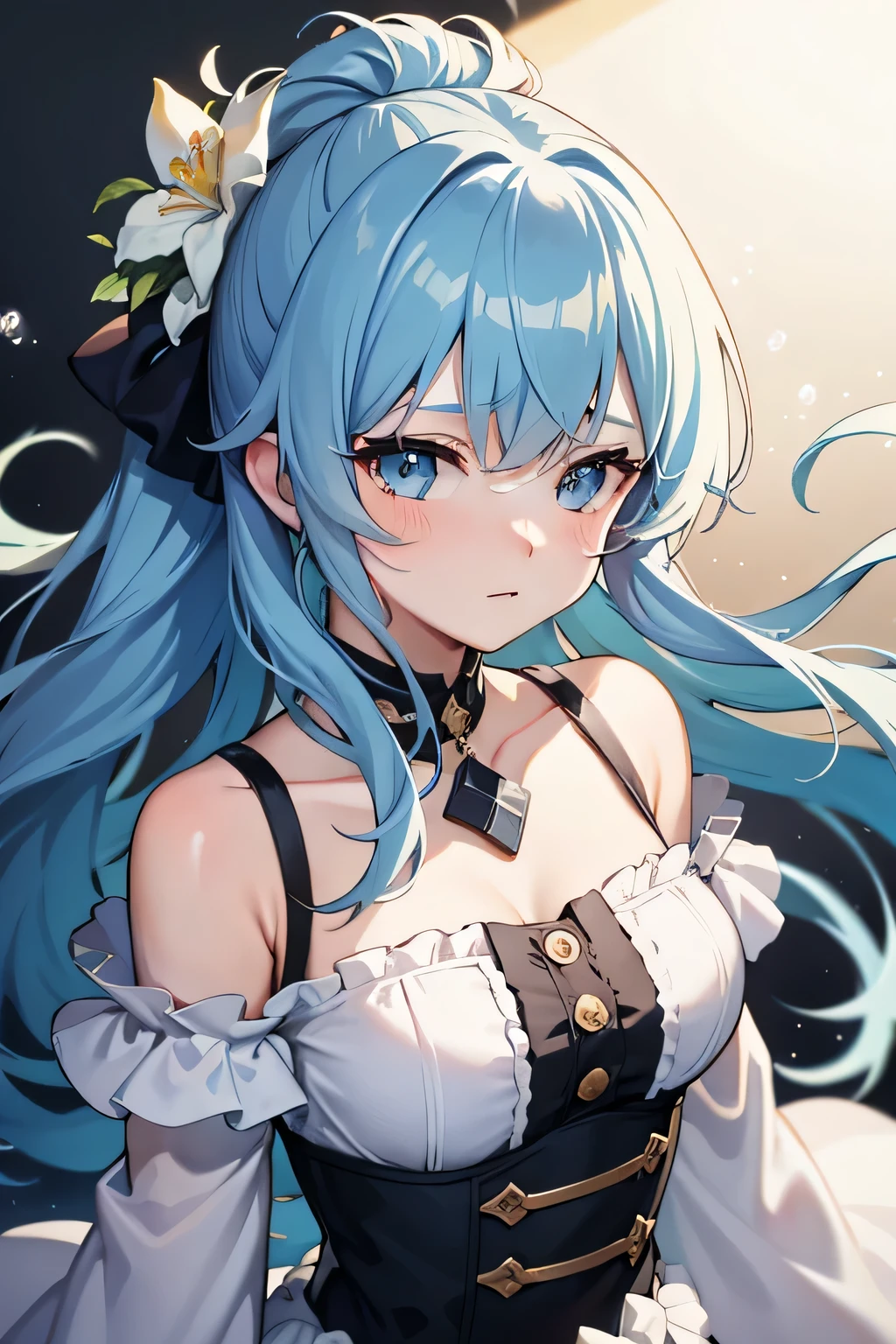 (masterpiece), (highest quality), (Super detailed),(Disheveled Hair),(figure), (One girl), (Fashionable clothes), Are standing, Fashion Model, View your viewers, (interview), (Simple Background),Beautiful fine details, Delicate and beautiful face, floating,(High saturation),(Colorful splashes),Colorful bubbles,(The Shining), Focus on the face,  ponytail, kamisato ayaka, Light blue hair, bangs, Hair Ring, Floating Flowers, Floating hair, (The Shining), Best lighting, Best Shadow,