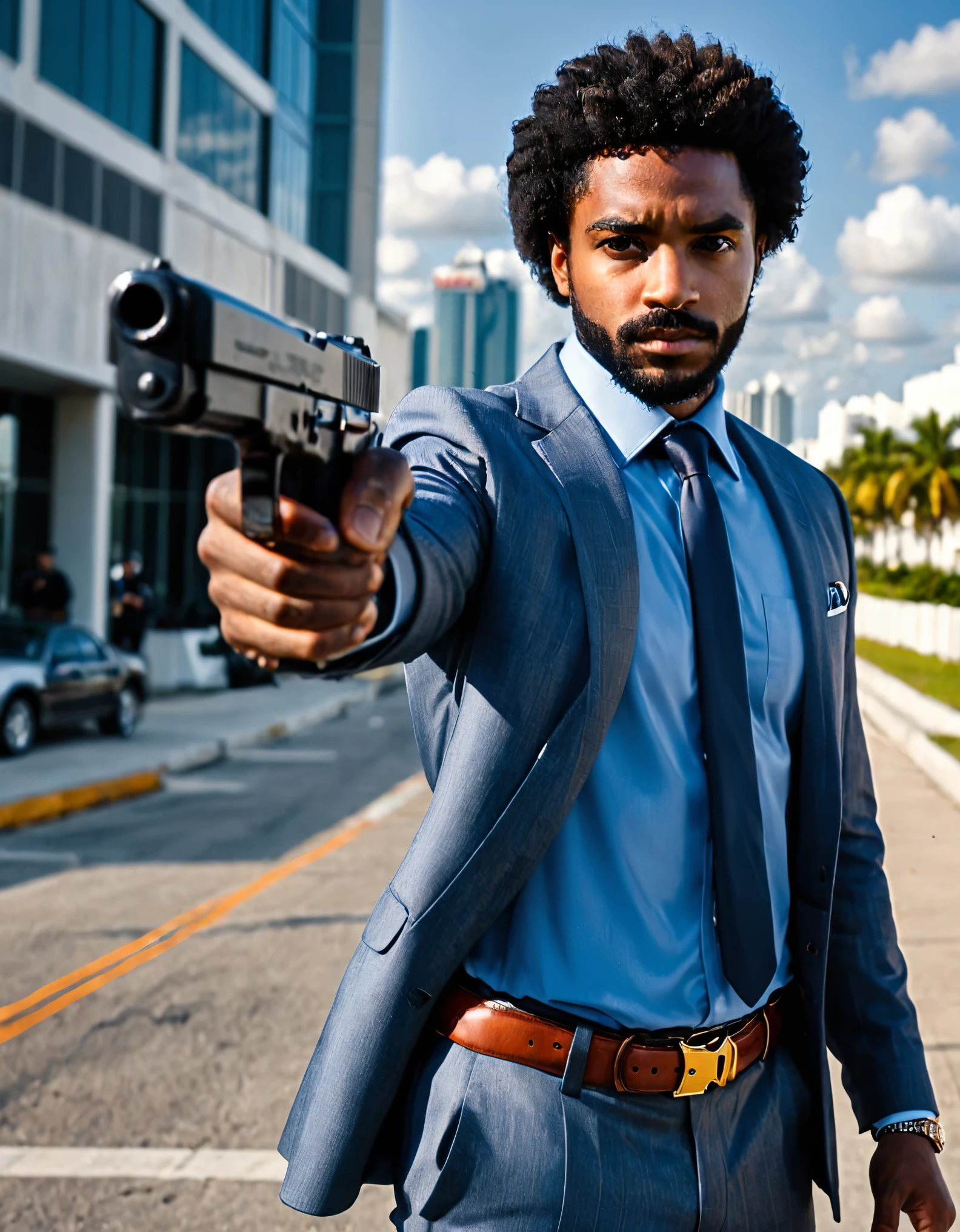 ((masterpiece)), ((best quality)), ((high res)), 1boy, 1man, solo, solo focus, age 30, african-american, brown skin, beard, belt, brown_eyes, brown_hair, medium afro, facial_hair, finger_on_trigger, gun, handgun, holding, holding_gun, holding_weapon, jacket, male_focus, mustache, necktie, pistol, pointing pistol, Smith and Wesson 659, light blue shirt, solo, stubble, trigger_discipline, watch, weapon, wristwatch, full body with costume, miami backdrop, dark blue suit and tie