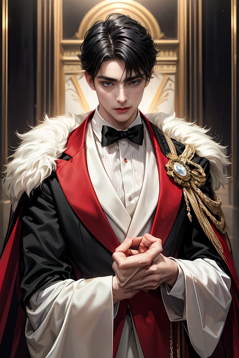 masterpiece, 最high quality, high quality, 1 boy, alone, male focus, looking at the viewer, whole body, Winning spirit_destiny, Messy black hair, blue adorable big eyes, white people, Noble, Noble, Noble-like Vampire、An elegant tuxedo,A very large, very tall stand-up collar, a very large, very long, long cape that reaches down to the floor, made of a lot of fabric, red and black., 17 years old,cute beautiful boy,cute cute handsome boy