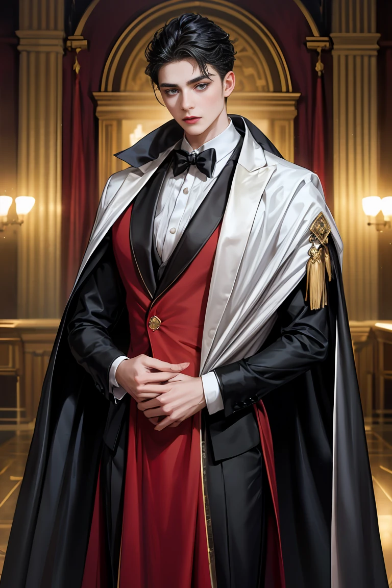 
masterpiece, 最high quality, high quality, 1 boy, alone, male focus, looking at the viewer, whole body, Winning spirit_destiny, Messy black hair, blue adorable big eyes, white people, Noble, Noble, Noble-like Vampire、An elegant tuxedo,A very large, very tall stand-up collar, a very large, very long, long cape that reaches down to the floor, made of a lot of fabric, red and black., ************,cute beautiful boy,cute cute handsome boy