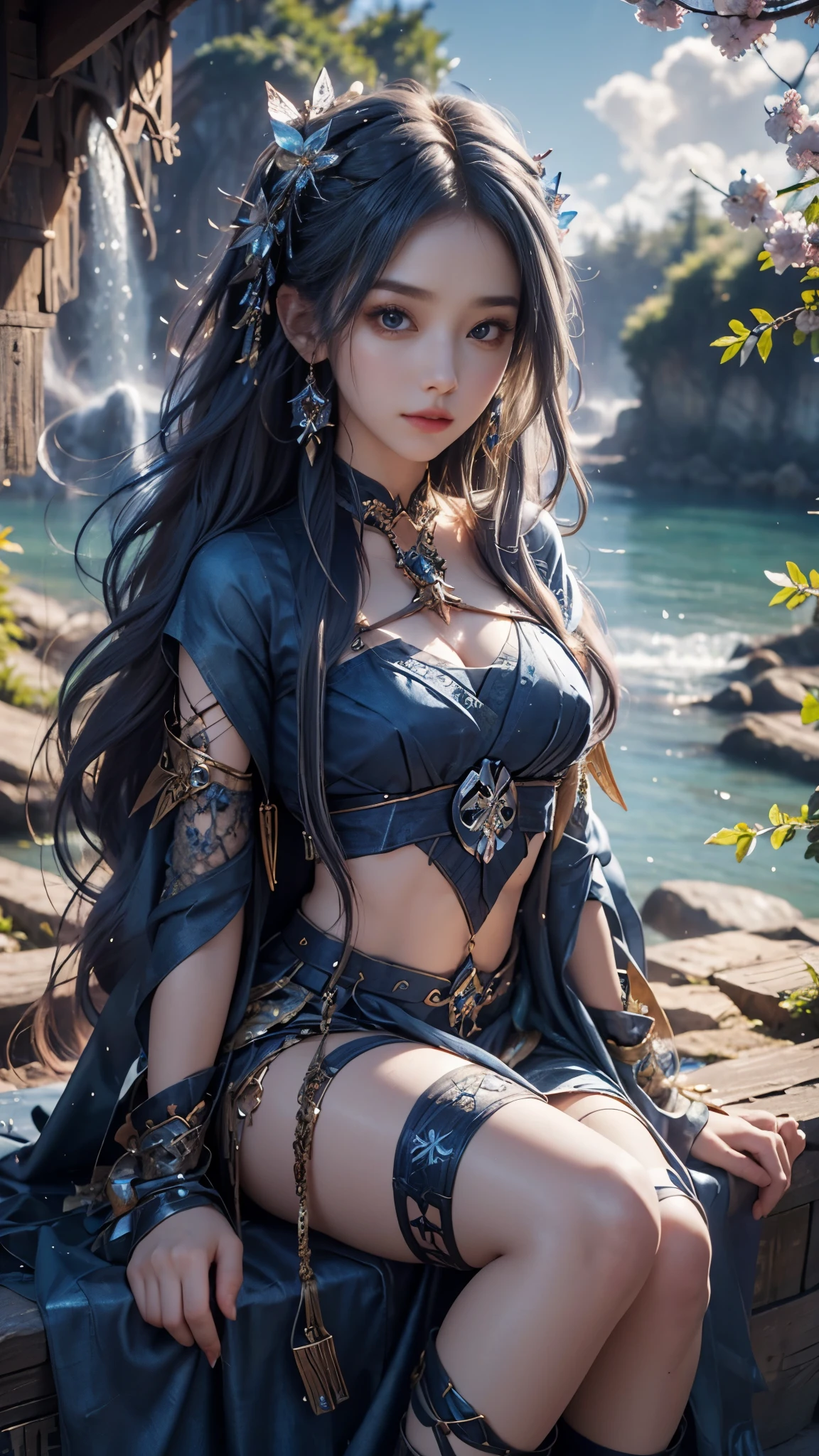 8K, ultra hd, masterpiece, hd colors, 1 girl, perfect face, very long curly hair, detailed eyes, Metallic clothing, ((indigo clothing:1.5)), stocking, ((criss-cross lace)), long sardine, straps, Pendant, net clothing, loops, hip cape, wings, bare waist, jwellery, ornaments, waterside, Realistic scenery, epic scenery, sun rising, evening, clouds, Butterfly, cherry blossom, flowing wind, front body pose, sitting in the water,