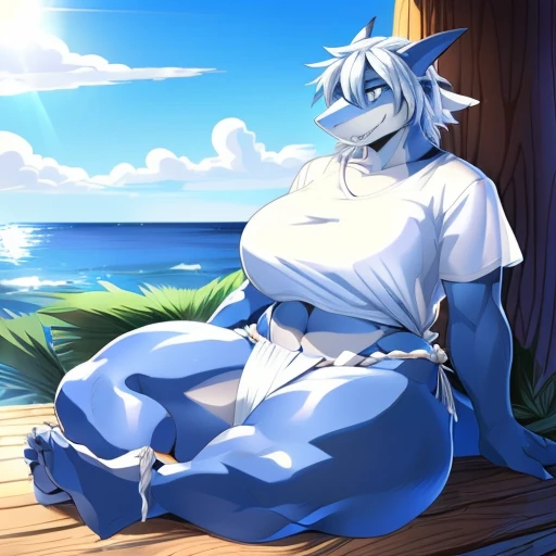 hi res,(((shark, finless shark))), (((not furry))), anthro, ((((((hair(head))))))), aqua blue eyes, ((((((( rokushaku fundoshi, ))))))), (((( female, anthro, female, slim, Skinny)))), female, anthro, female, slim, Skinny, tail, adults, mature, (((SFW))), ((((((((solo)))))))), (((((((((((((female))))))))))))), standing with both legs closed, hands on hips, outside, plant, light blue body, sea, tree, (water), detailed background,by milkytiger1145,by takemoto arashi,by null-ghost, cold atmosphere, open smile, soft blue blush, single fin, ((((((((wearing white tshirts,)))))))), (((((( thighs, thick thighs, thick calves, wide hips, wide pelvis, curvy figure, volu\ptu\ous figure, both feet are close together., \hourglass \figure,, female body))))))