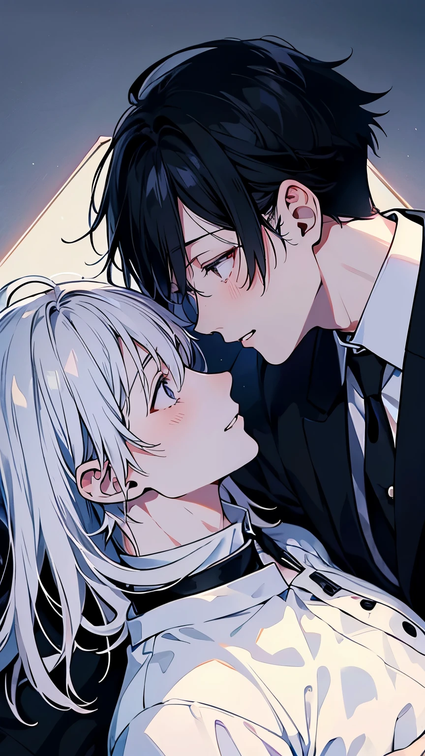 (Mastepiece), (Best Quality), Very detailed, ((two men intimate)), Perfect Face, Beautiful Face, Very detailed顔,(Black Haired Man:1.3),(Man with white hair:1.3),suit,shirt