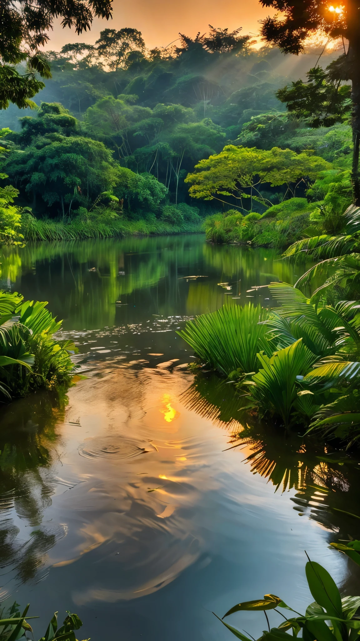 Depicting a mysterious river in the Amazon forest、Ultra-realistic and highly detailed beautiful masterpiece, With the setting sun, 