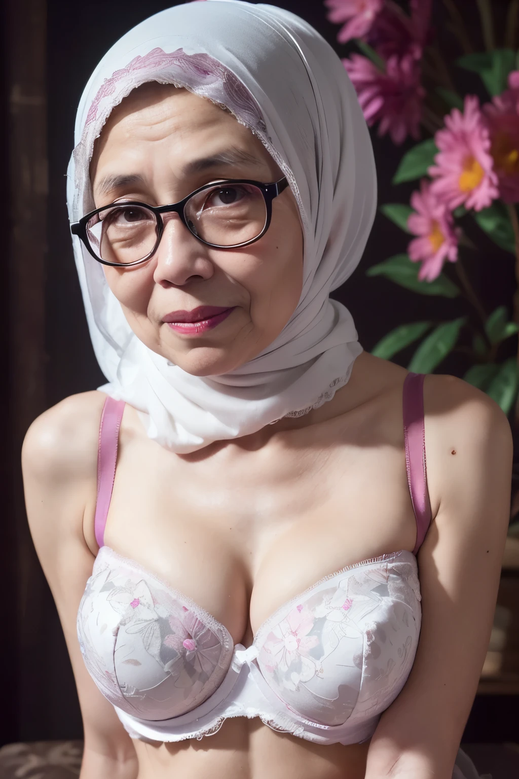 Spectacles, ((Old body lady:1.2)), ((Old lady:1.6)), (Happy smile), (((HIJAB MALAY GIRL))), masutepiece, High quality, UHD 32K, Realistic face, Realistic skin feeling , A Japanese Lady, 58 years old matured lady, , Very cute and baby-like face, (((FLAT CHEST))), (Night time at forest), ((look In front at the camera and SADNESS)), (((CUTE GIRL))), ((WHITE FLUORESCENT LIPS)), ((Floral Pattern)) little ((wearing strapless bra)), strapless colorful bra, dark night background , black forest night, horror scary place, (from behind up) seductive pose, ((Huge bra:1.6)) ass