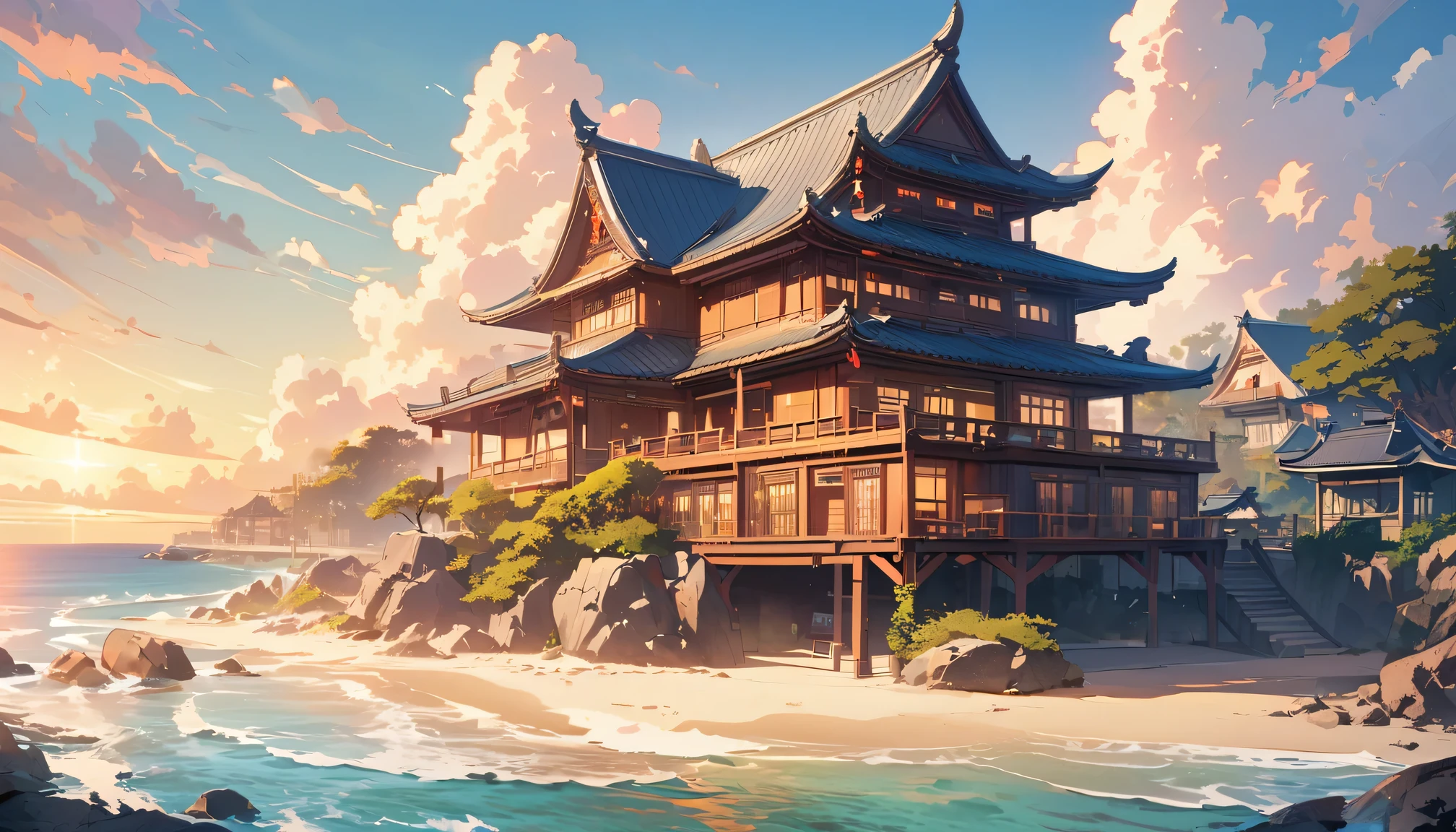 Best quality,4k,masterpiece,Traditional Chinese wooden buildings near the beach,ornate carvings,Exquisite lattice windows,Peaceful atmosphere,Tranquil sea breeze,Sunlight,plant,Vibrant colors,Natural and architectural,A fusion of traditional and modern elements,Beautiful coastal landscape,Golden sand,Peaceful beach,natural beauty,Timeless elegance,Unique charm