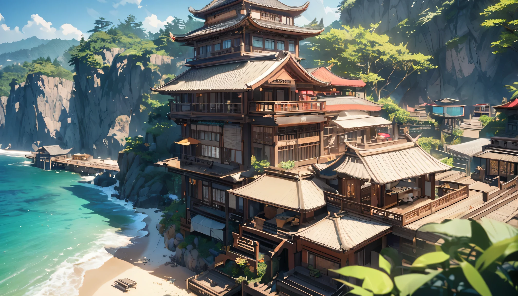 Best quality，4k，masterpiece，Traditional Chinese wooden buildings near the beach，ornate carvings，Exquisite lattice windows，Peaceful atmosphere，Tranquil sea breeze，Sunlight，plant，Vibrant colors，Natural and architectural，A fusion of traditional and modern elements，Beautiful coastal landscape，Golden sand，Peaceful beach，natural beauty，Timeless elegance，Unique charm