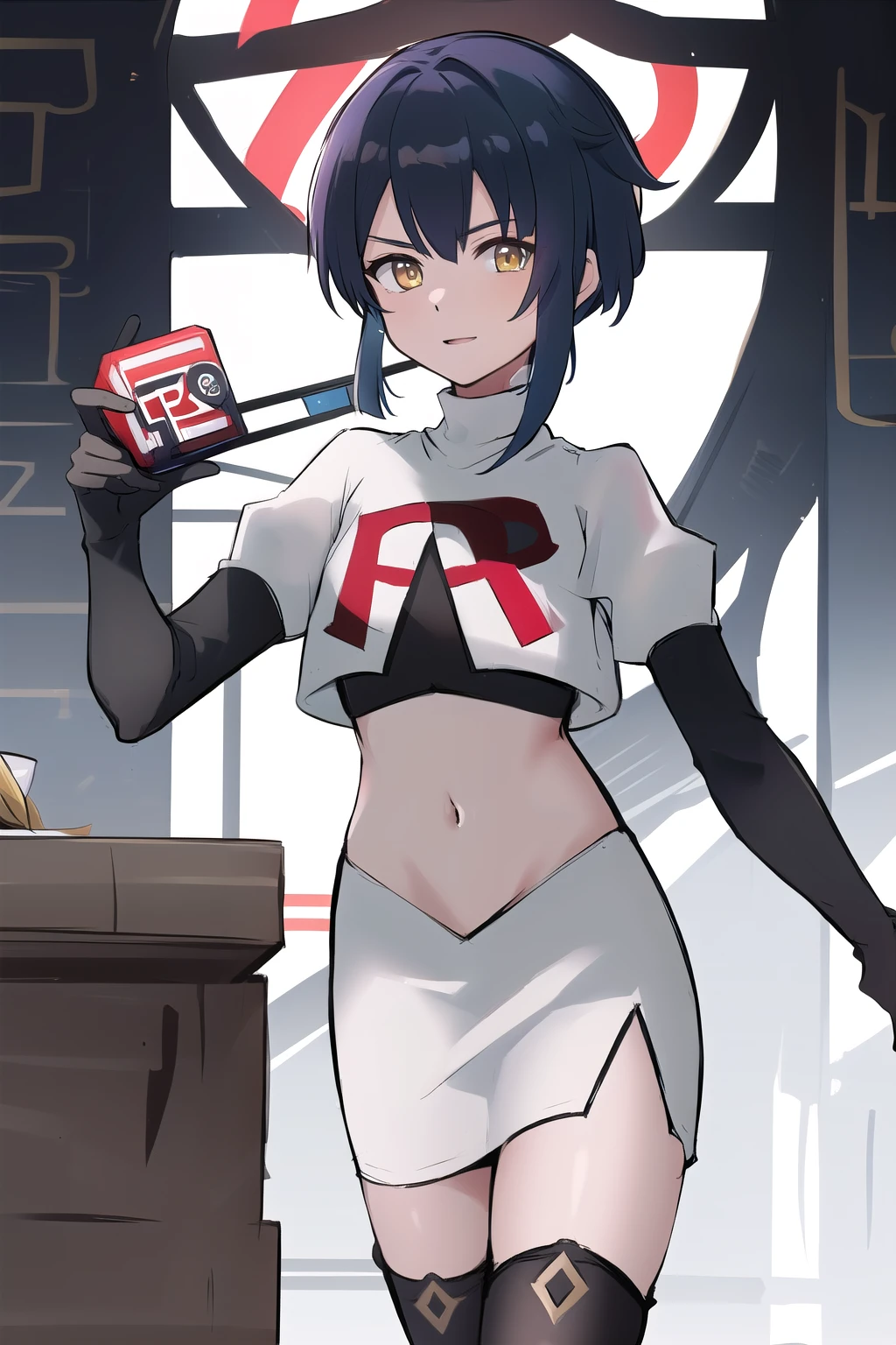 masterpiece, absurdres,genshin impact, Genshin Impact, game character, video game, (xingqiu),yellow eyes, short blue hair,male focus, trap, crossdressing,1boy,team rocket,team rocket uniform,white skirt,red letter R,crop top,black thigh-highs,black elbow gloves