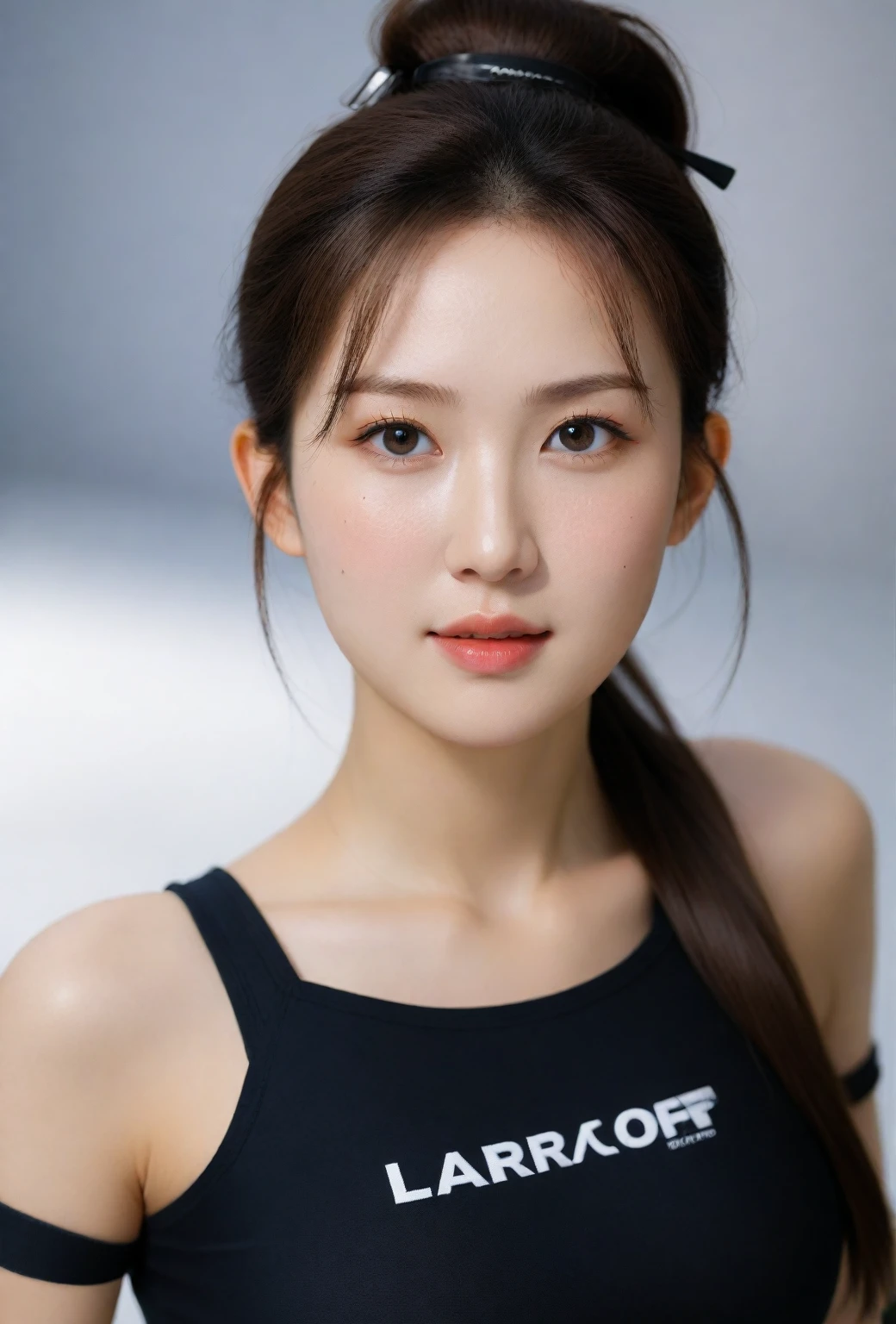 beautiful korean female, 34 inch breasts size, high ponytail ,Round face, smooth white skin, 18 years old, slightly smile, wearing Lara Croft , UHD