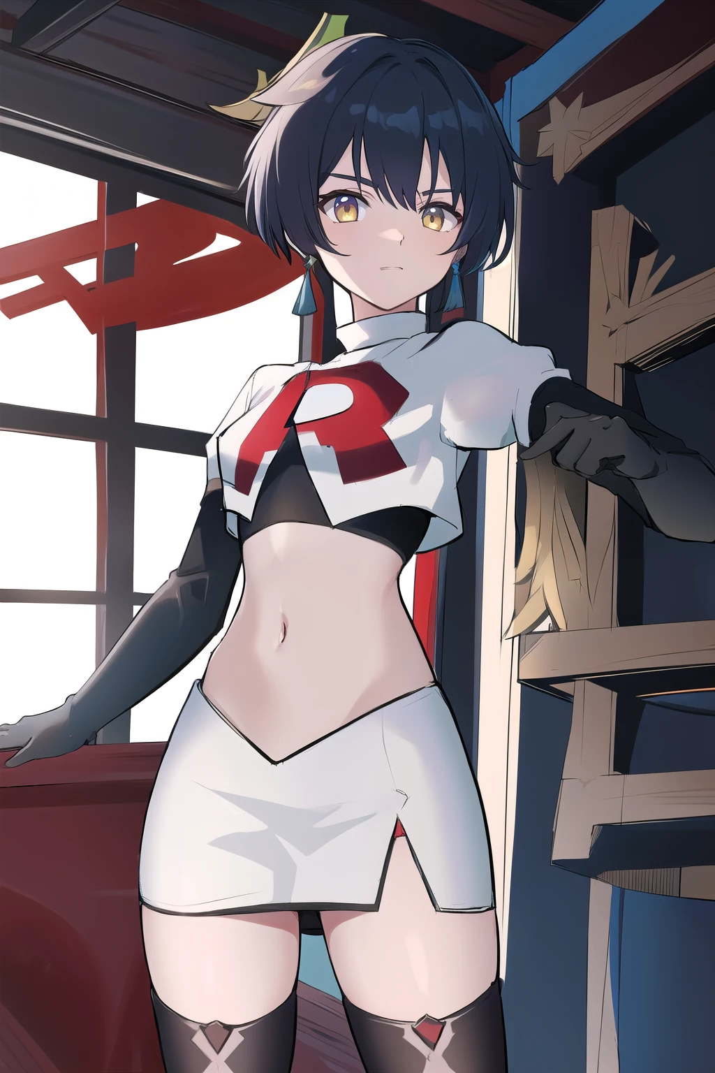 masterpiece, absurdres,genshin impact, Genshin Impact, game character, video game, (xingqiu),yellow eyes, short blue hair,male focus, trap, crossdressing,1boy,team rocket,team rocket uniform,white skirt,red letter R,crop top,black thigh-highs,black elbow gloves