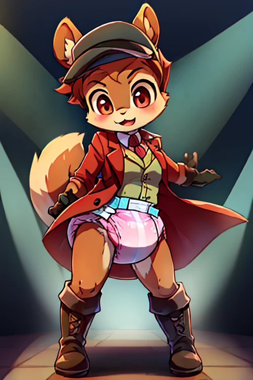 boy, squirrel, furry, bodyfur, tail, collar, bra, bottomless, gloves, boots, chibi, sparkling eyes, penis, testicles, idol, dancing, singing, hair bow, happy, full body, looking back, peeing, squatting