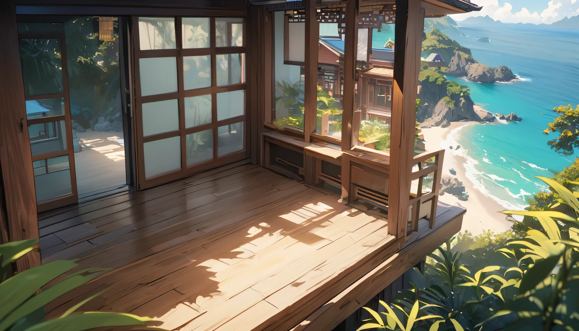 Best quality，4k，masterpiece，Traditional Chinese wooden buildings near the beach，ornate carvings，Exquisite lattice windows，Peaceful atmosphere，Tranquil sea breeze，Sunlight，plant，Vibrant colors，Natural and architectural，A fusion of traditional and modern elements，Beautiful coastal landscape，Golden sand，Peaceful beach，natural beauty，Timeless elegance，Unique charm