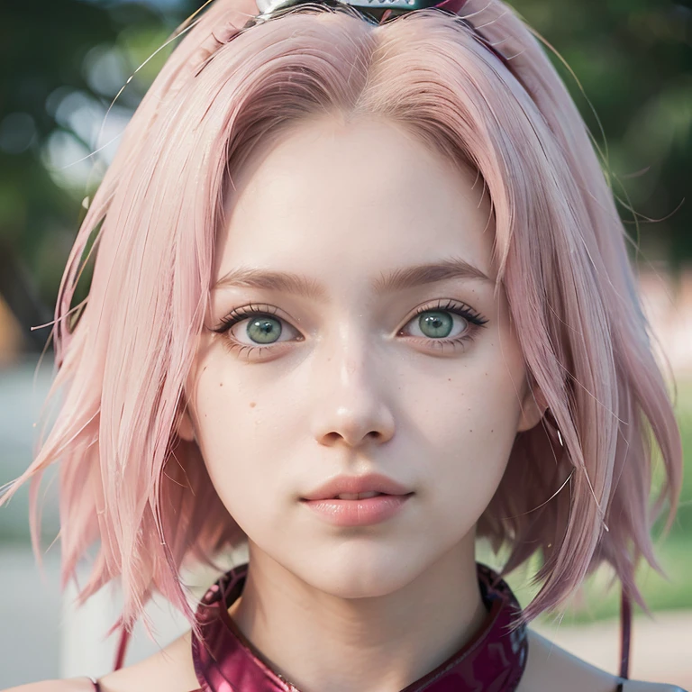 young woman, short shoulder-length pink hair, wide forehead, porcelain skin, pink eyebrows, big emerald green eyes, buttoned nose, full lips, heart-shaped face, slender body, small breasts, red tank top, Sakura Haruno , realistic, realism, details, 3d, well detailed
