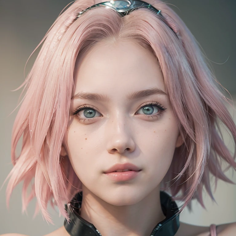 young woman, short shoulder-length pink hair, wide forehead, porcelain skin, pink eyebrows, big emerald green eyes, buttoned nose, full lips, heart-shaped face, slender body, small breasts, red tank top, Sakura Haruno , realistic, realism, details, 3d, well detailed