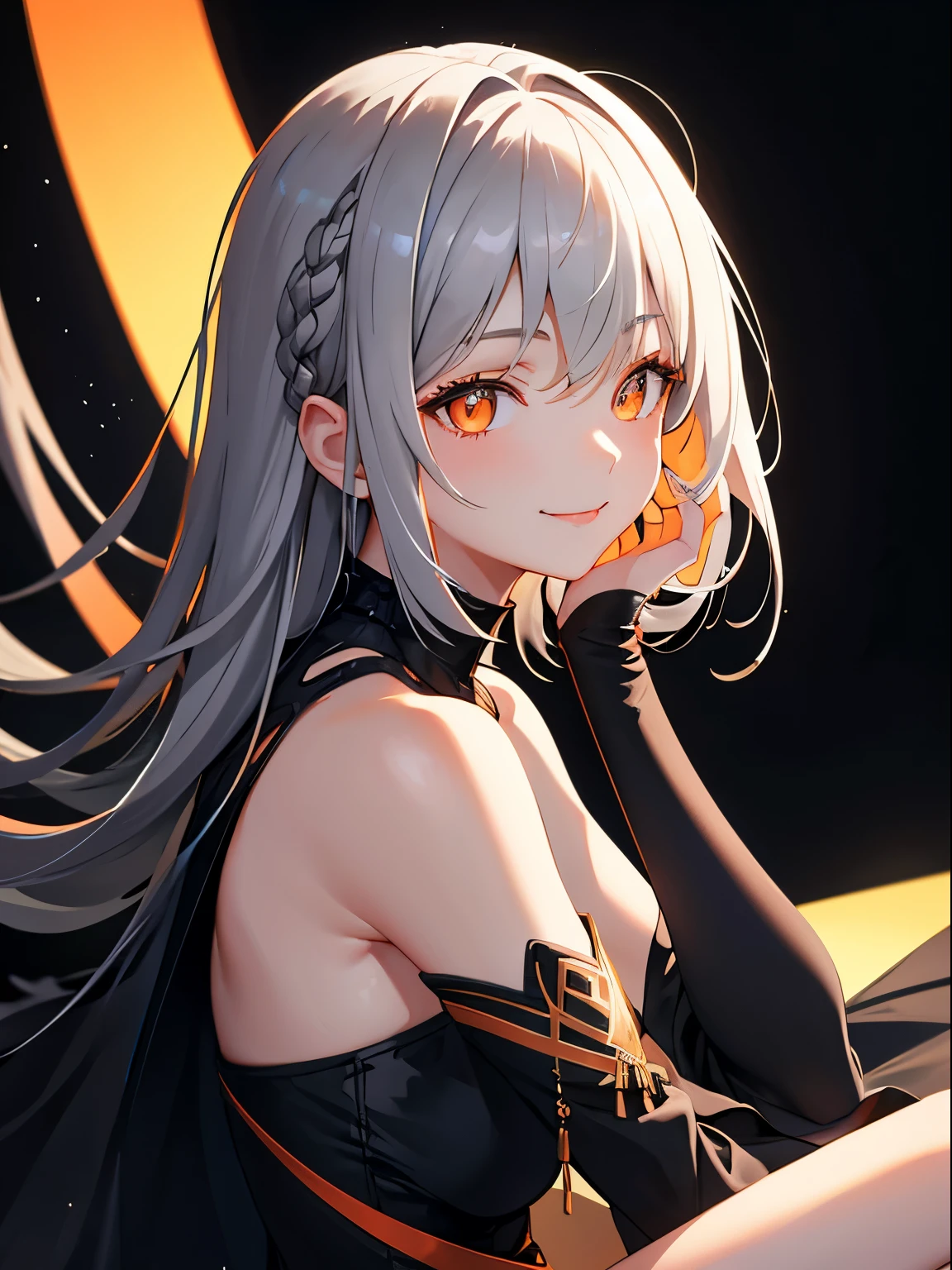 masterpiece, best quality, 1 girl, gray hair, orange eyes, dress, volumetric lighting, (glowing lights), (motes), sitting, from side, smile, black background, upper body