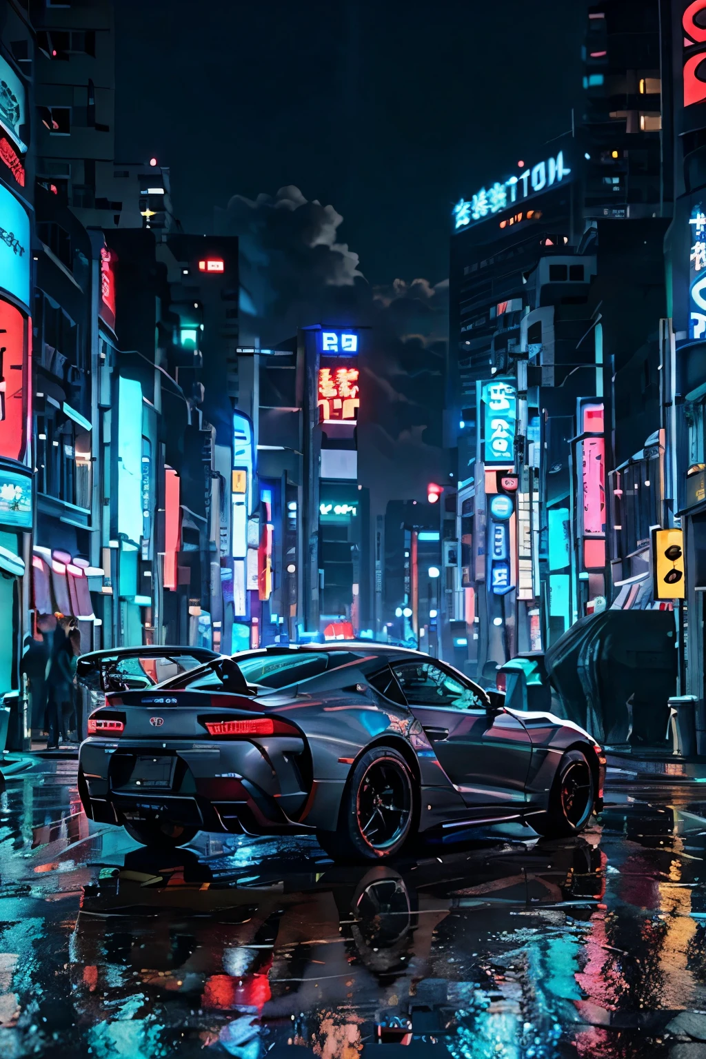 A highly detailed Toyota Supra Mk4, captured from a side view, shining under the vibrant neon lights of a lively Tokyo night cityscape, exuding an aura of sleek sophistication and raw power.