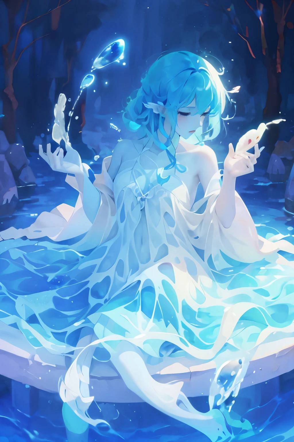 1 Girl, female water spirit, watercolor hair, There is spring water inside, Put a few drops of water on your skin,
