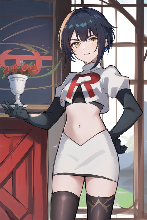 masterpiece, absurdres,genshin impact, Genshin Impact, game character, video game, (xingqiu),yellow eyes, short blue hair,male focus, trap, crossdressing,1boy,team rocket,team rocket uniform,white skirt,red letter R,crop top,black thigh-highs,black elbow gloves