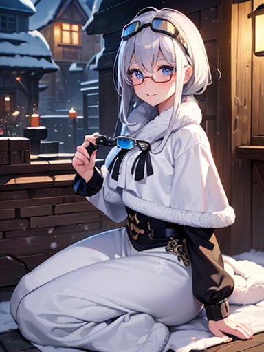 ((Very detailed)), 4K, ((Cinema Lighting)), close, Fantasy World, Cobblestone city, wooden stone house, snow, market, marketの屋台, Adult female, dirty, guard,White-silver hair color，Wear goggles with large round lenses on your head, blue eyes, ((Beautiful Eyes)), Happy expression, Hold the cannon，white fluffy fur，Wear glasses