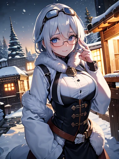 ((Very detailed)), 4K, ((Cinema Lighting)), close, Fantasy World, Cobblestone city, wooden stone house, snow, market, marketの屋台, Adult female, dirty, guard,White-silver hair color，Wear goggles with large round lenses on your head, blue eyes, ((Beautiful Eyes)), Happy expression, Hold the cannon，white fluffy fur，Wear glasses