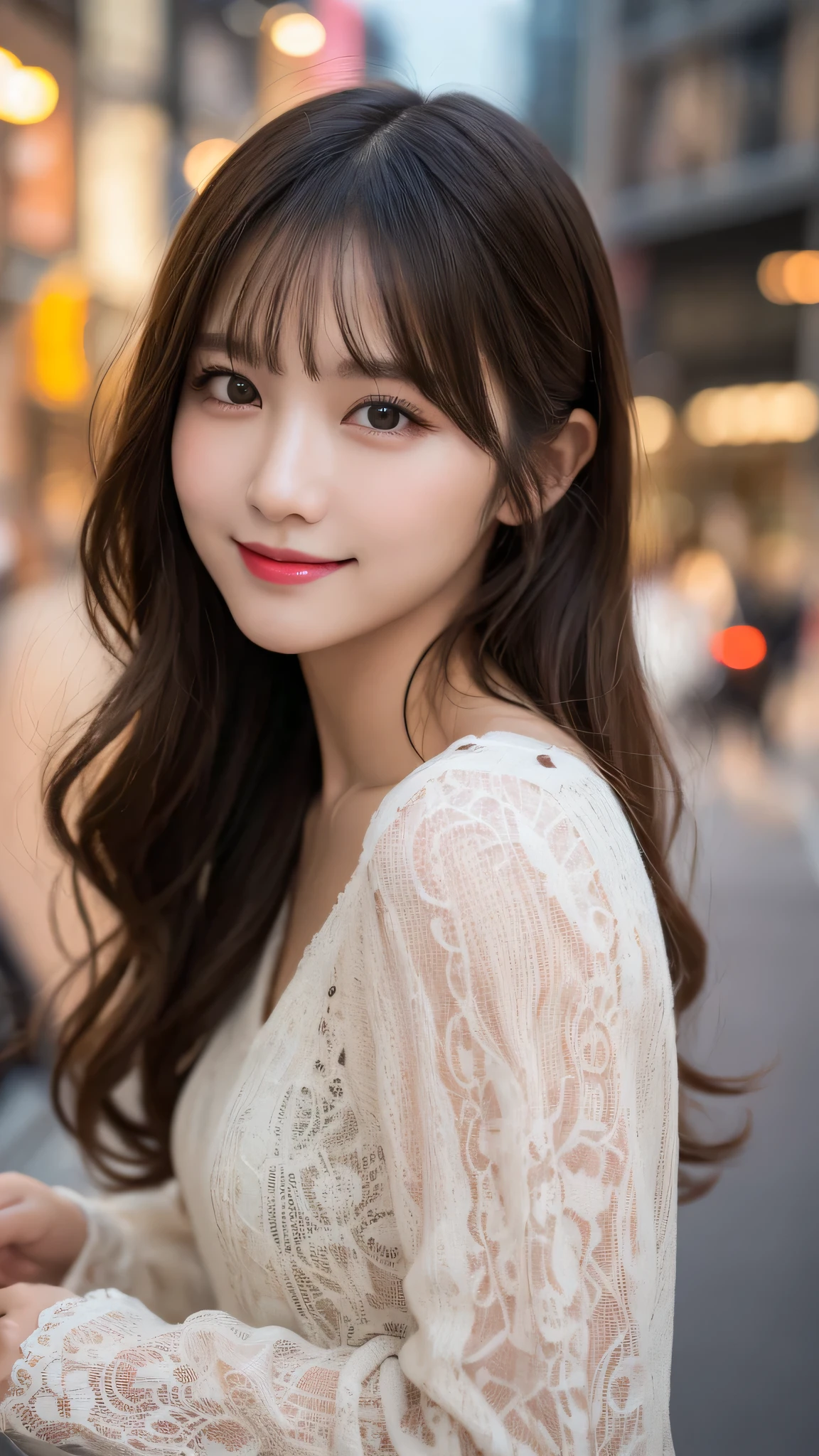 Tabletop, highest quality, figure, Very detailed, In detail, High resolution, 8k wallpaper, Perfect dynamic composition, Beautiful fine details, Women's fashion🍂,Medium Wavy Hair,、Natural color lip, Bold sexy pose,smile,Harajuku、20-year-old girl、cute、sexy shot looking at camera