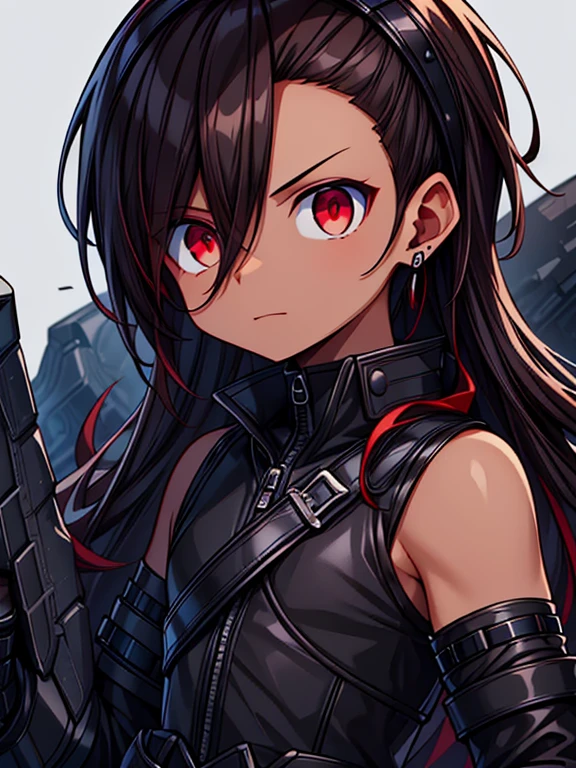 Masterpiece High res, high definition,dark skin,  male, dark skin, cute shota,red eyes, dark brown hair, medium dark brown hair,wearing a black exoskeleton, detached sleeves, black armoured Gauntlets, black tech jacket, black bodysuit,black exoskeleton, black fingerless gloves, blue gems, close up
