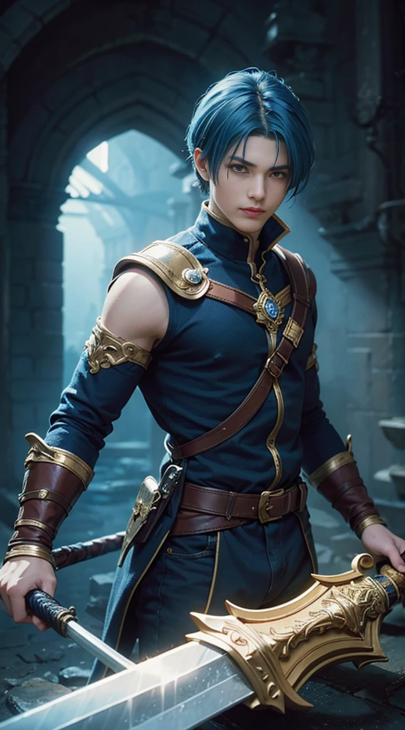 8k, best quality, highres, realistic, real person, A heroic character with silky blue bobbed hair, holding a legendary sword. The hero is narcissistic and smirking, with a mole on their cheek, embodying a unique blend of charm and confidence. The hero's attire is a combination of classic hero garb and stylish modern elements. The sword is intricately designed, shining with magical energy. The background reflects a grand adventure, with a sense of epic fantasy and heroism.