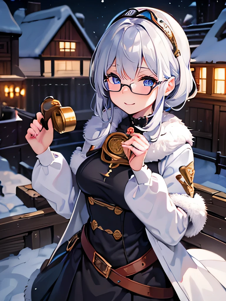 ((Very detailed)), 4K, ((Cinema Lighting)), close, Fantasy World, Cobblestone city, wooden stone house, snow, market, Market stalls, Adult female, dirty, guard,White-silver hair color,Wear goggles with large round lenses on your head, blue eyes, ((Beautiful Eyes)), Happy expression, Hold the cannon,white fluffy fur,Wear glasses