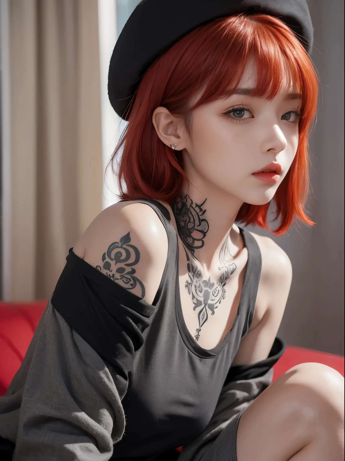 Girl with tattoo and piercing, close up, potrait, facelight, ultrasharp, (zentangled), photo of a beautiful woman, off shoulder, ((short light red hair wth bangs)), ((short light red hair)), ((light red hair)), ((black beret)), arm tattoo, neck tattoo, gray eyes, androgynous person, (((black clothes)), taiwanese girl with tattoos, (((GRAY EYES)))