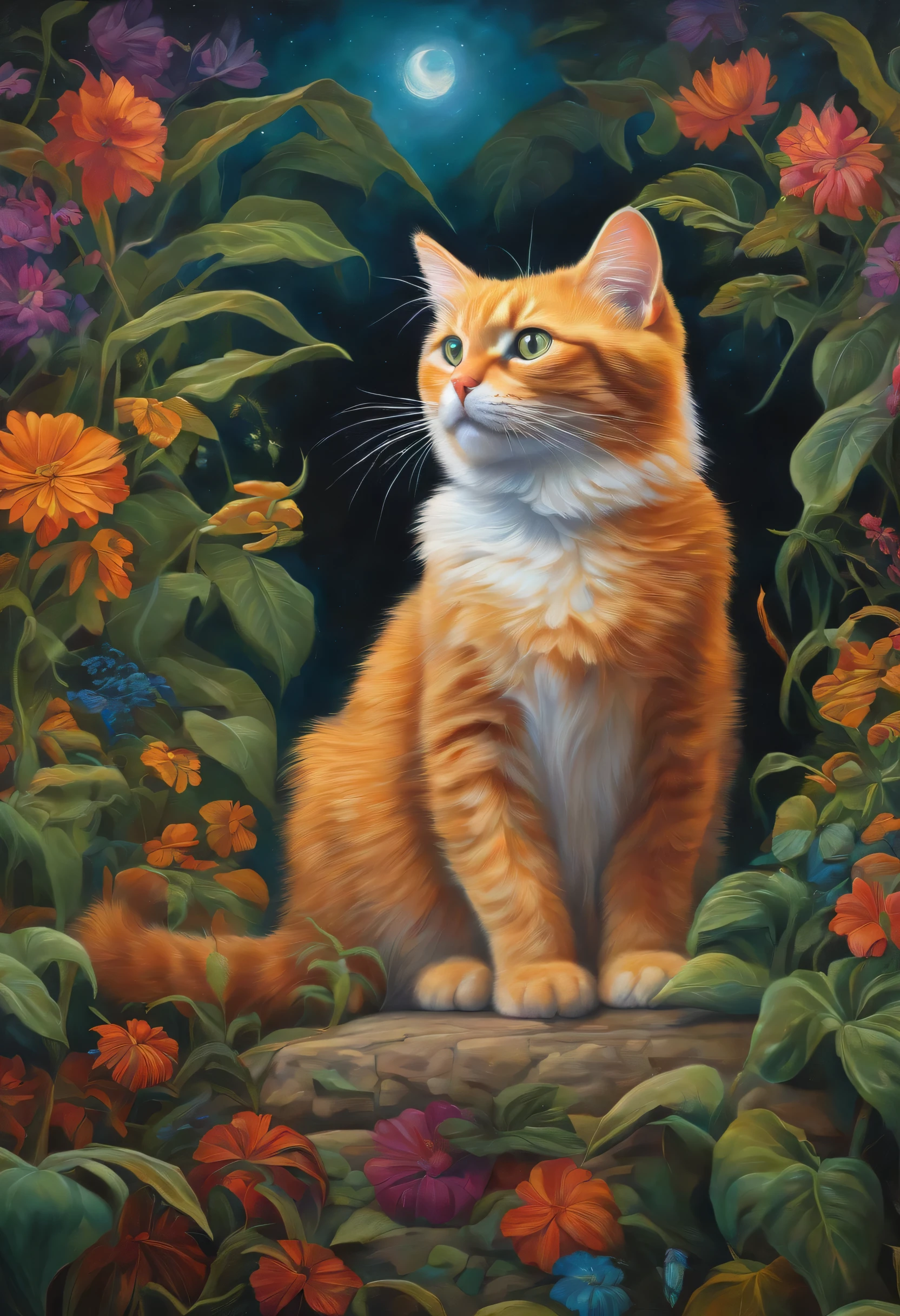 A completely shocked cat searches for prehistoric quantum dots in a psychedelic artist's painting