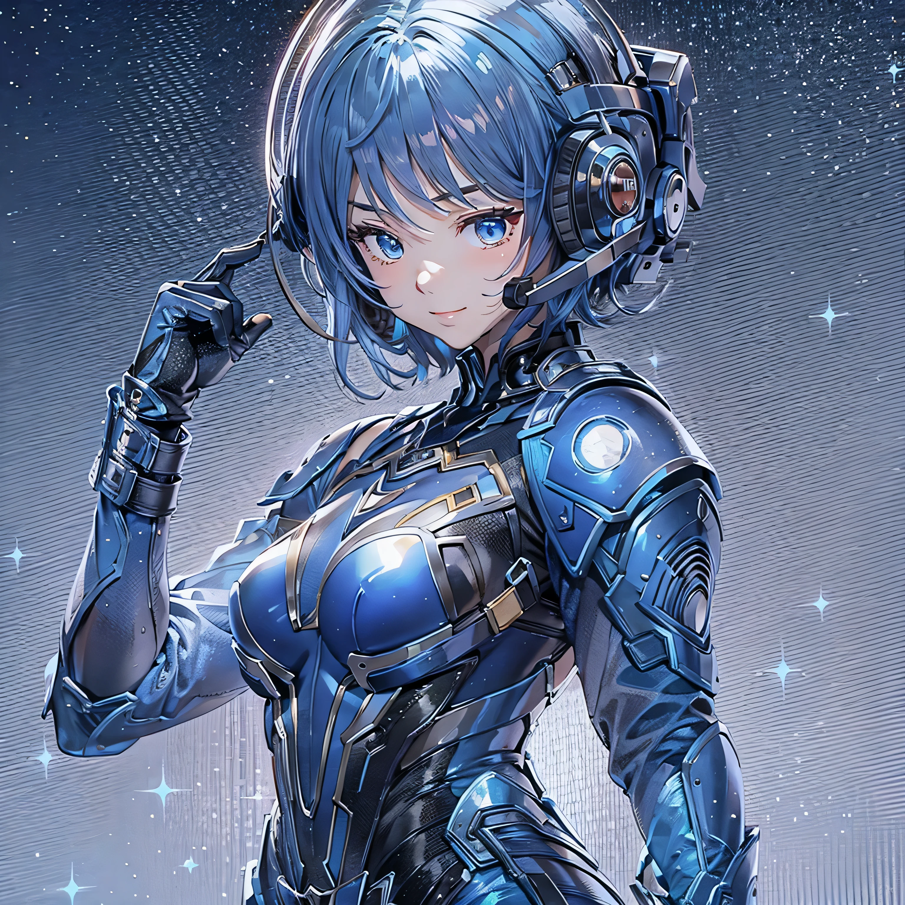 (masterpiece、highest quality、Highest Resolution、Clear_image、Detailed details、Angle from above): (Whole body、One 20 year old girl、Japanese Faces、Small Face、Slender、Navy blue super short bob cut hair、(Hidden small breasts:1.3)、Sparkling blue eyes、Shiny pilot suit in blue and black colors、Chest protection armor、Tight fitting clothes、Clothing that covers the whole body、Glamorous clothes、Tight Fit Pants、Hide your skin、Very delicate and beautiful、Detailed Skin、hide thighs、Hide your ass、Cute、A gentle smile、Soft expression、heroine、headset、Knee-high boots、Elbow-length gloves、Eye Level Shot、Face directly、Woman on a spaceship)