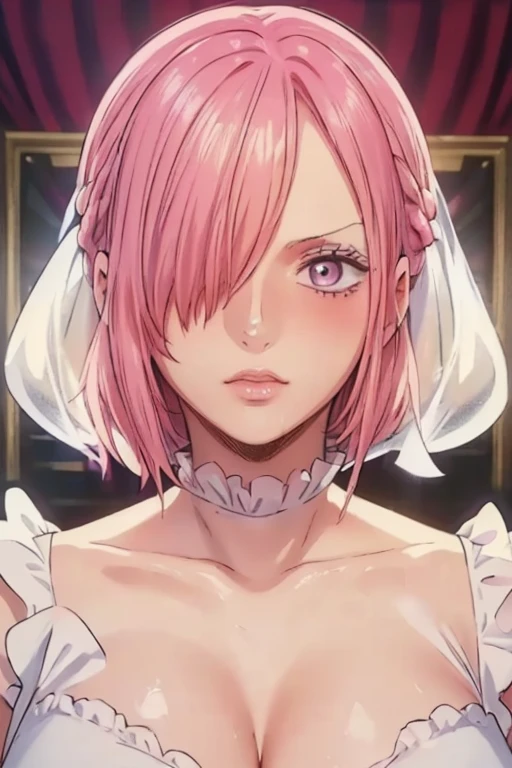 (((masterpiece))), (((best quality))), ((ultra-detailed)), (highly detailed CG illustration), vinsmoke reiju, , (masterpiece:1.5), Detailed Photo, Sexy, (Best Quality: 1.4), (1girl), Beautiful Face, (Pink Hair, short Hair: 1.3), Beautiful Hairstyle, beautiful detail eyes, (realistic skin), beautiful skin, absurd, attractive, ultra high resolution, high definition, (sexually aroused:1.5), Pinkish white skin, cool white light, sexy pose, Beautiful , white background, pink soft white light, Wear a white dress, (Hair covering right eye: 1.5), 