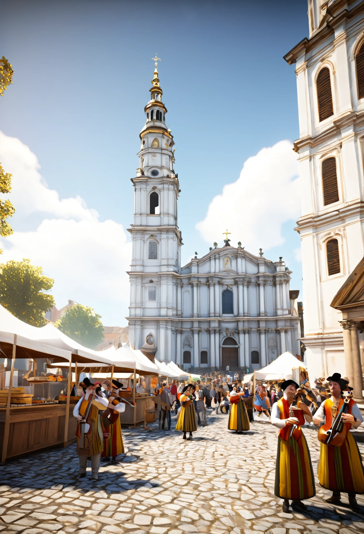 Create a detailed and realistic image of a vibrant cultural festival in a historical town square in front of a baroque church. The scene is bustling with people dressed in traditional costumes, musicians playing period instruments, and vendors at stalls selling handcrafted goods. There are interactive elements like holographic displays at the stalls, modern musical instruments mixed with traditional ones, and ambient dynamic particles like falling leaves and smoke from food stalls. The architecture of the church and surrounding buildings is rendered with high-resolution textures to look solid and authentic, and the environment is enhanced with realistic physics for liquids and interactive crowds, where each character has unique appearances and behaviors. Include atmospheric 3D spatial audio effects like conversations, music, and environmental sounds such as birds and wind. The lighting is dynamic and reacts to the environment with occlusion and global reflection mapping, simulating natural and artificial light interaction. The square is designed for intuitive VR user navigation, allowing for natural motion controls and gestures to interact with scene elements.