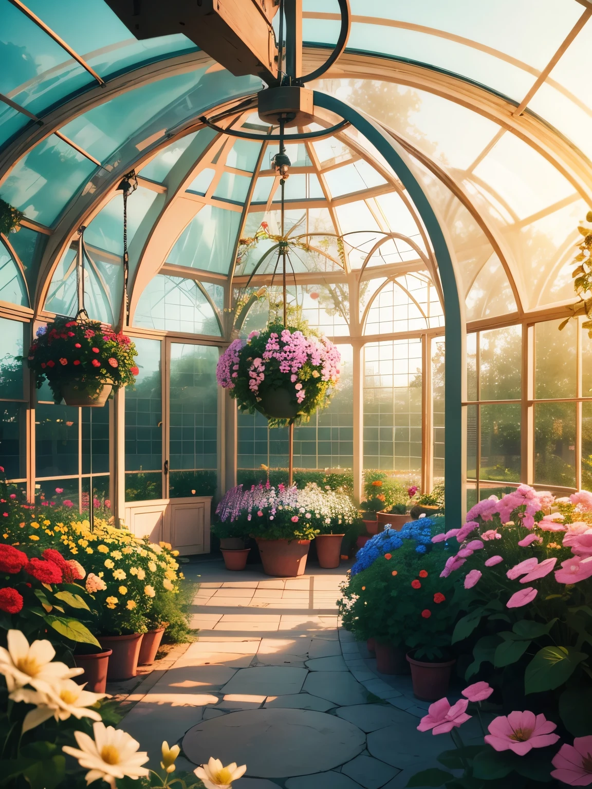 greenhouse, round interier, full of bloomed flowers, small trees, ultra detailed, high quality, 8k resolution