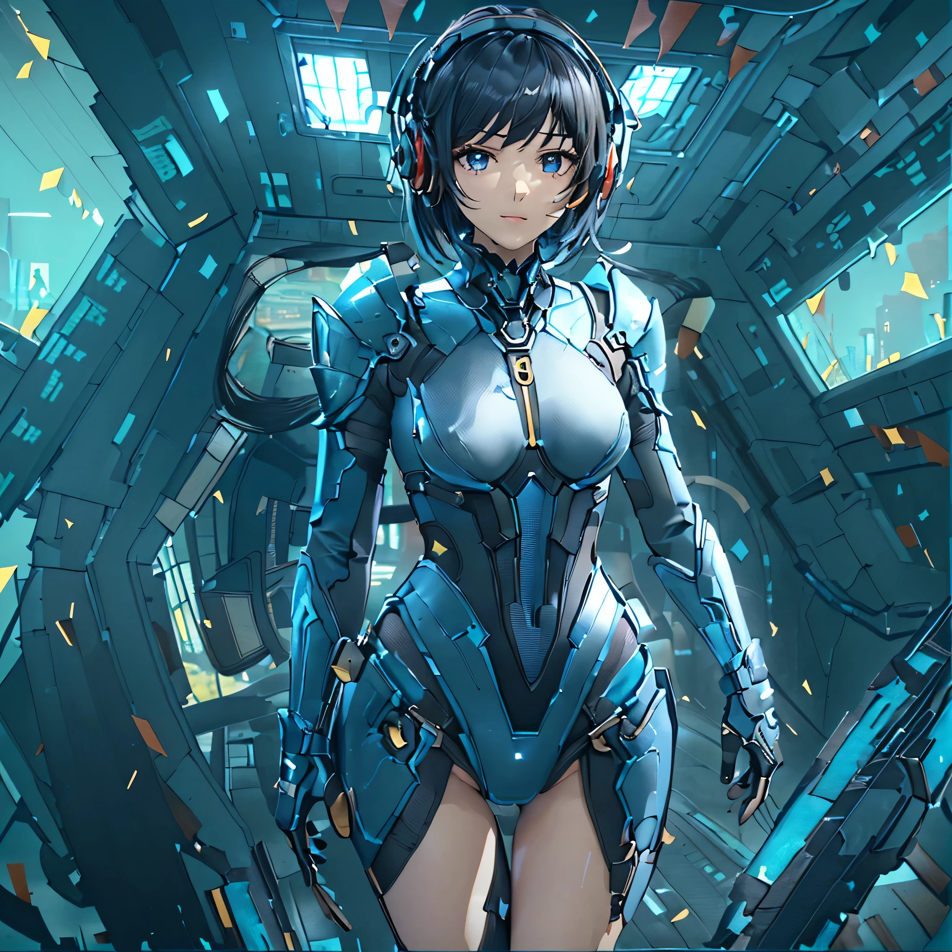 (masterpiece、highest quality、Highest Resolution、Clear_image、Detailed details、Angle from above): (Whole body、One 20 year old girl、Japanese Faces、Small Face、Slender、Navy blue super short bob cut hair、(Hidden small breasts:1.3)、Sparkling blue eyes、Shiny pilot suit in blue and black colors、Chest protection armor、Tight fitting clothes、Clothing that covers the whole body、Glamorous clothes、Tight Fit Pants、Hide your skin、Very delicate and beautiful、Detailed Skin、hide thighs、Hide your ass、Cute、A gentle smile、Soft expression、heroine、headset、Knee-high boots、Elbow-length gloves、Eye Level Shot、Face directly、Woman on a spaceship)