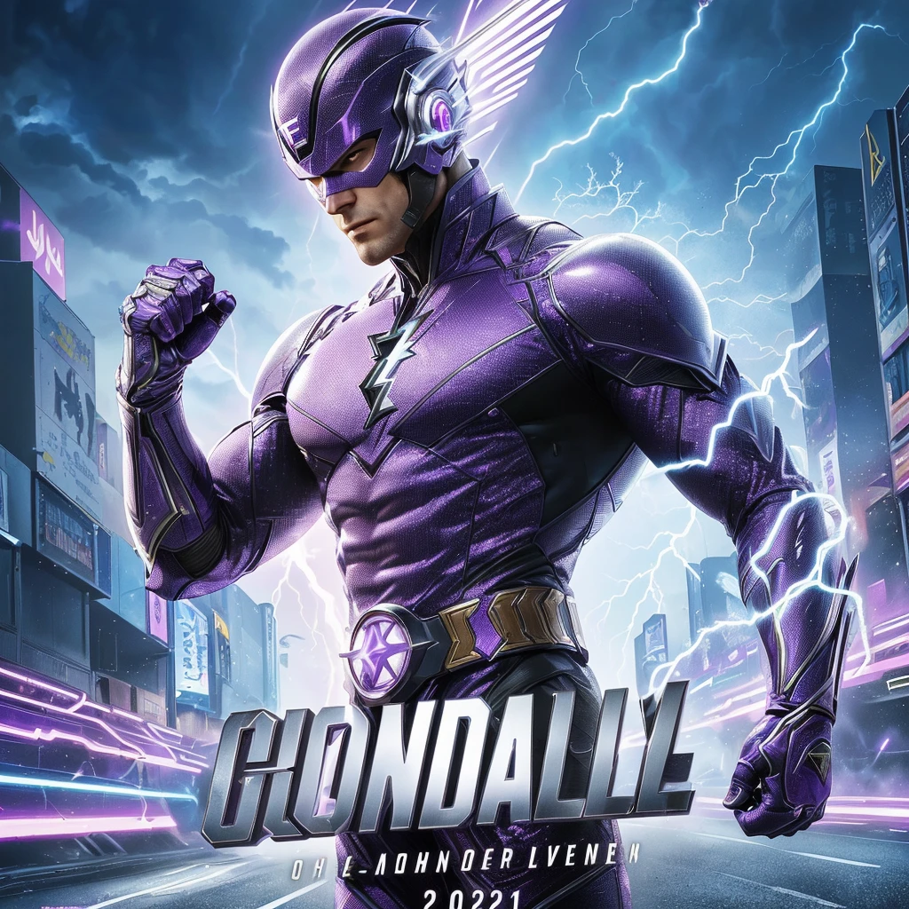 a close up of a man in a purple outfit with lightning coming out of his chest, 2022 movie, movie promotional image, official artwork, movie promotional art, promotional art, key art, japanese dc live-action movie, fanart, promo art, movie poster character, official poster artwork, official art, johnny silverhand, joe gb fenton, mcu