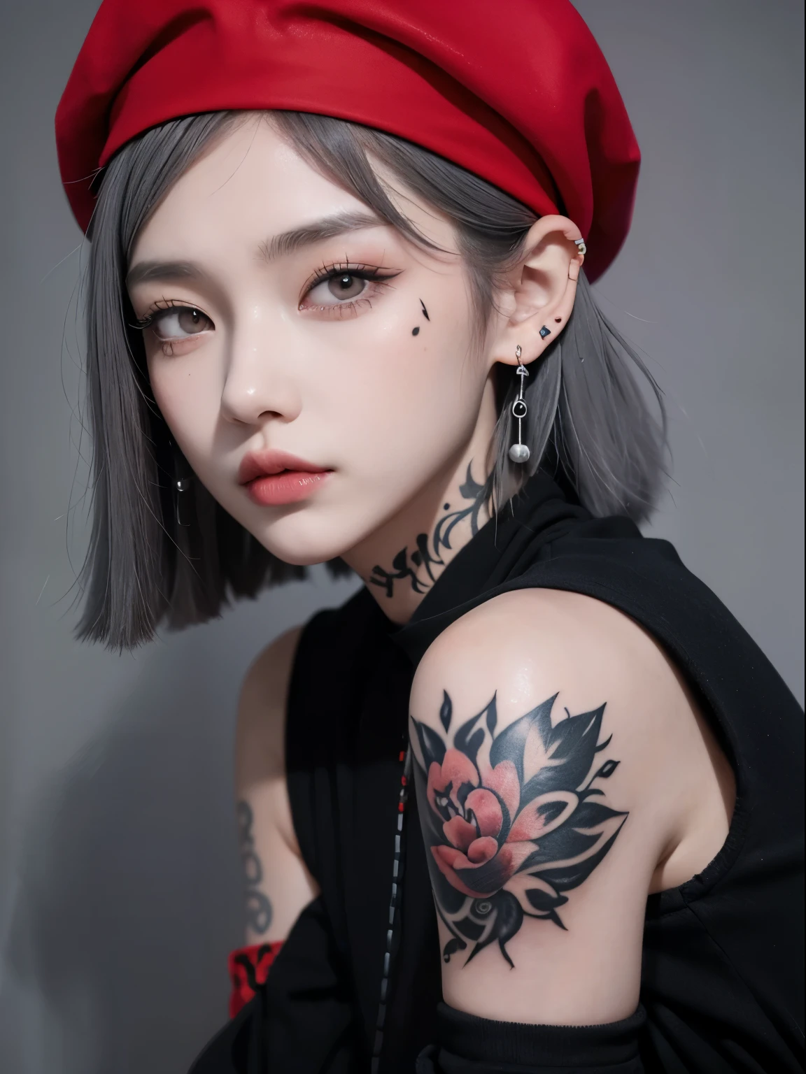 Girl with tattoo and piercing, close up, potrait, facelight, ultrasharp, (zentangled), photo of a beautiful woman, off shoulder, short light red hair wth bangs, ((black beret)), arm tattoo, neck tattoo, gray eyes, androgynous person, (((black clothes)), taiwanese girl with tattoos, (((GRAY EYES)))