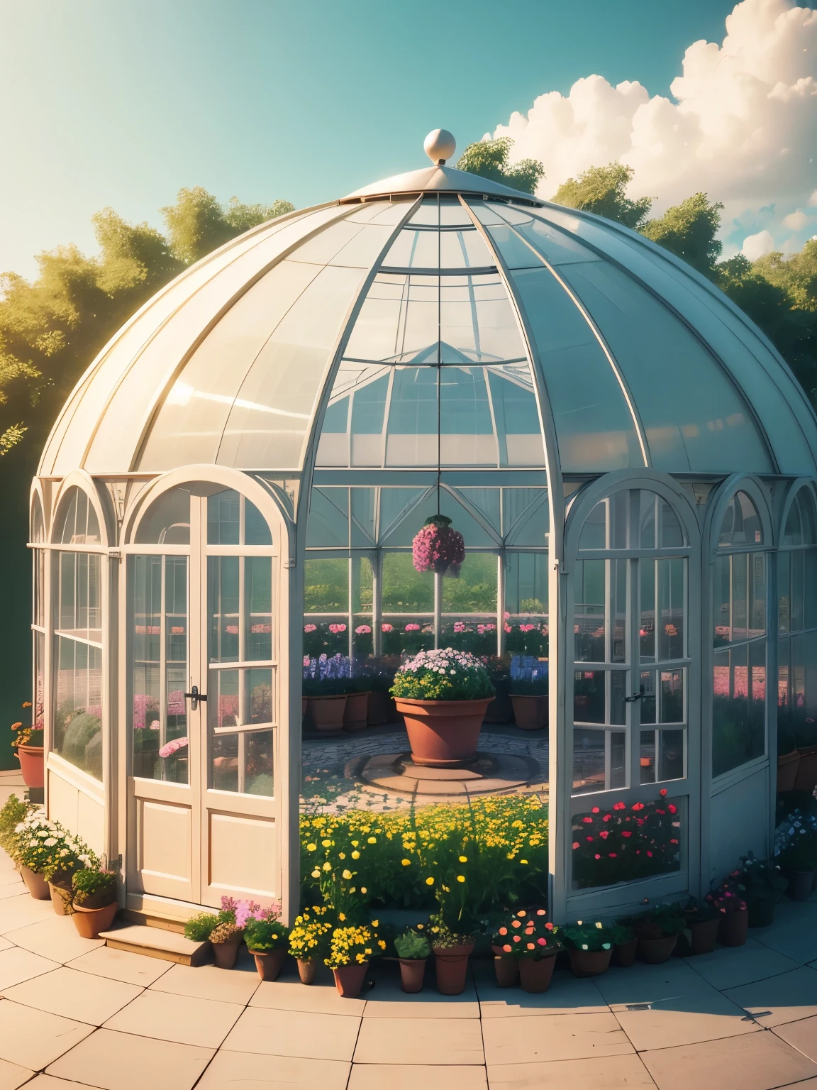 greenhouse, round interier, full of bloomed flowers, small trees, ultra detailed, high quality, 8k resolution