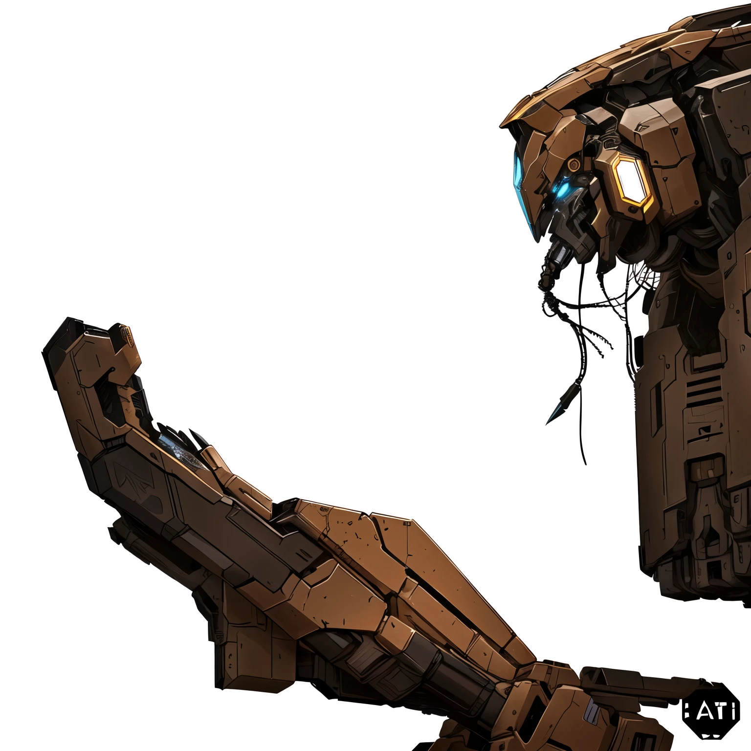 there is a robot that is standing with a knife, discarded mecha in background, detailed science fiction art, alexandre ferra mechaa, artes conceituais, mechaa art, mecha, robot concept art, keyframe illustration, mechaanized art concept, Arte conceitual 2D, science fiction illustrations, science fiction illustrations, retrato meua, mecha body